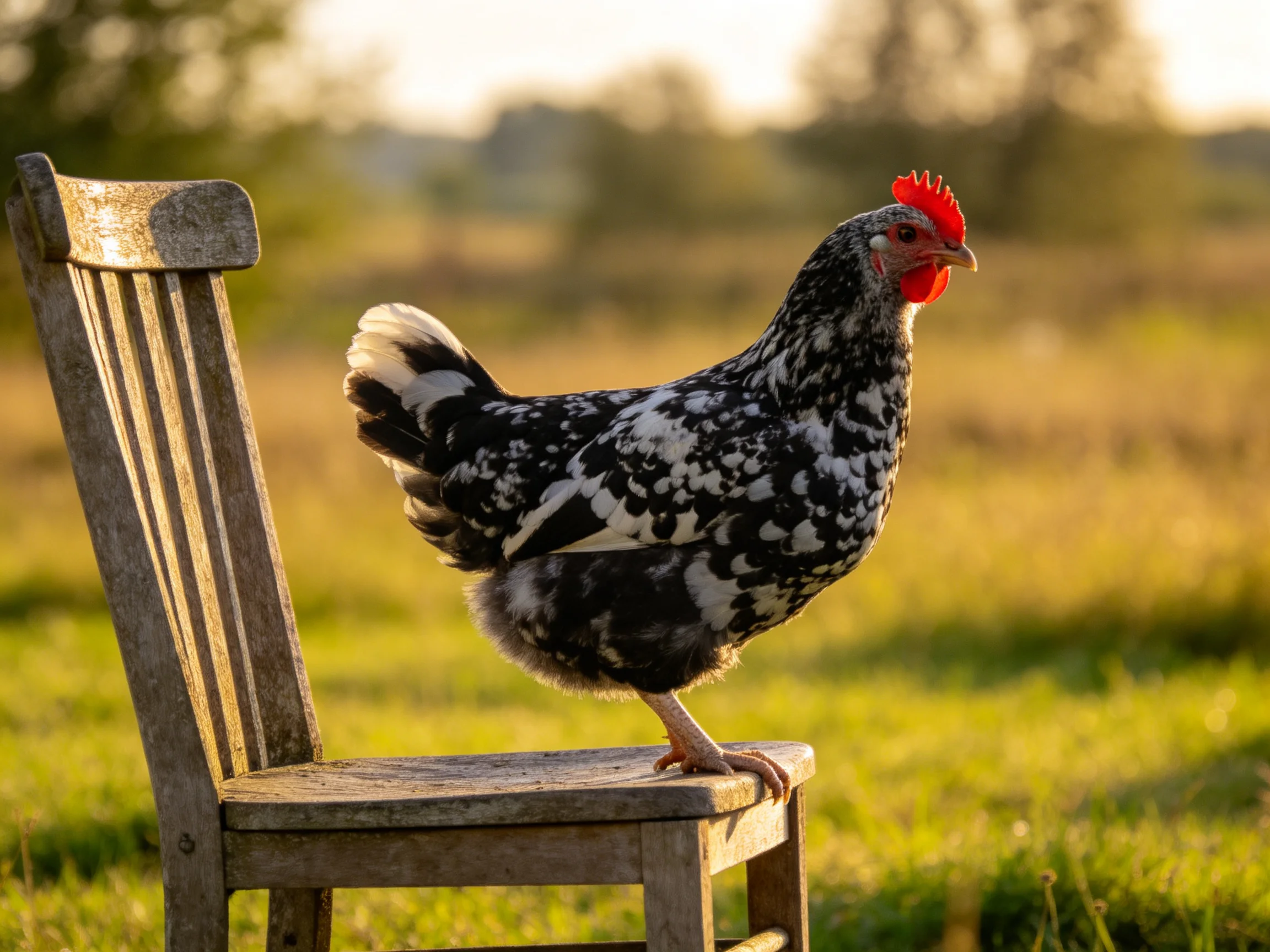 A black and white speckled chicken stands on a weathered wooden chair in a sunlit meadow