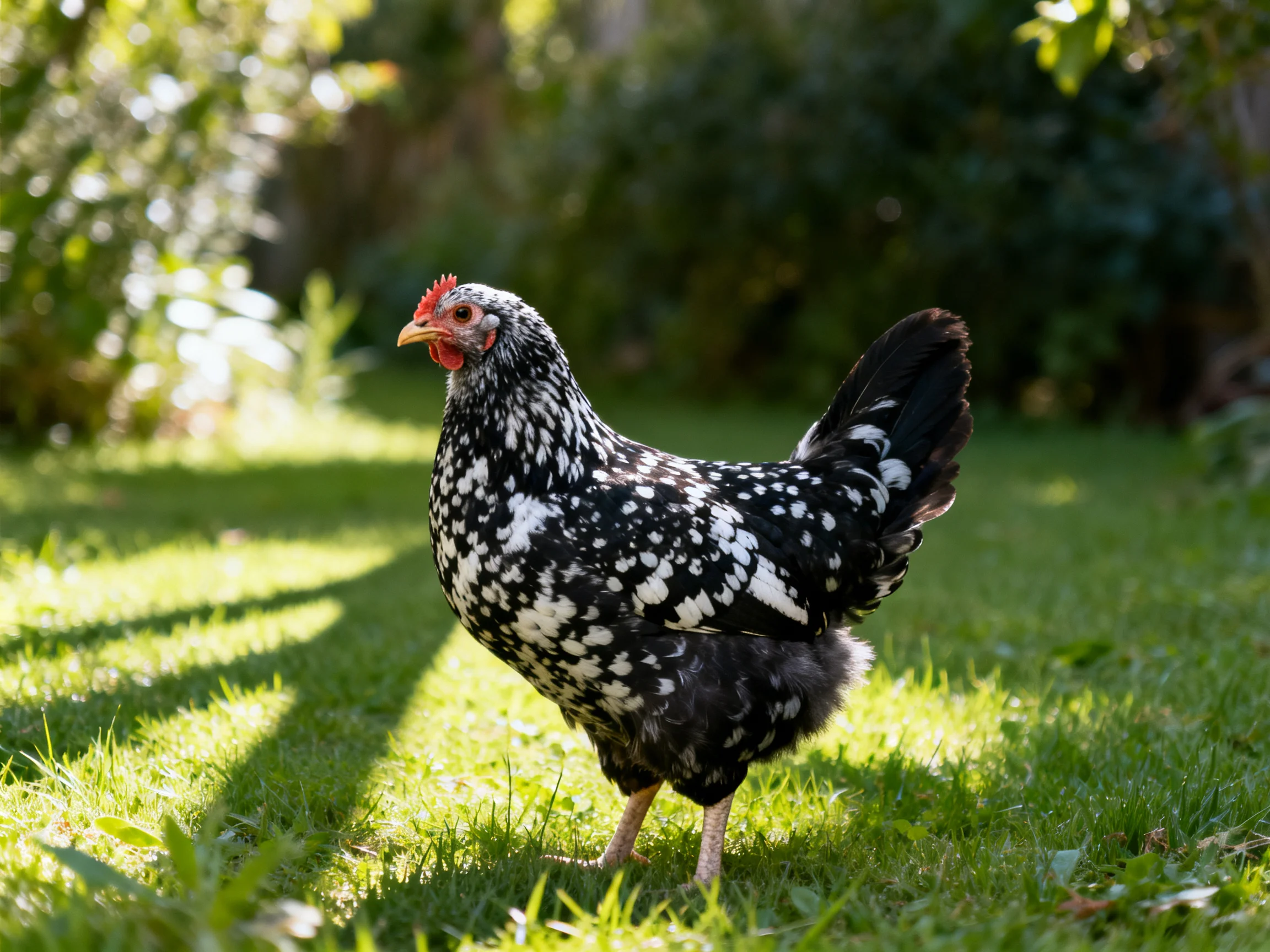 A black and white speckled chicken stands on sunlit grass in a garden