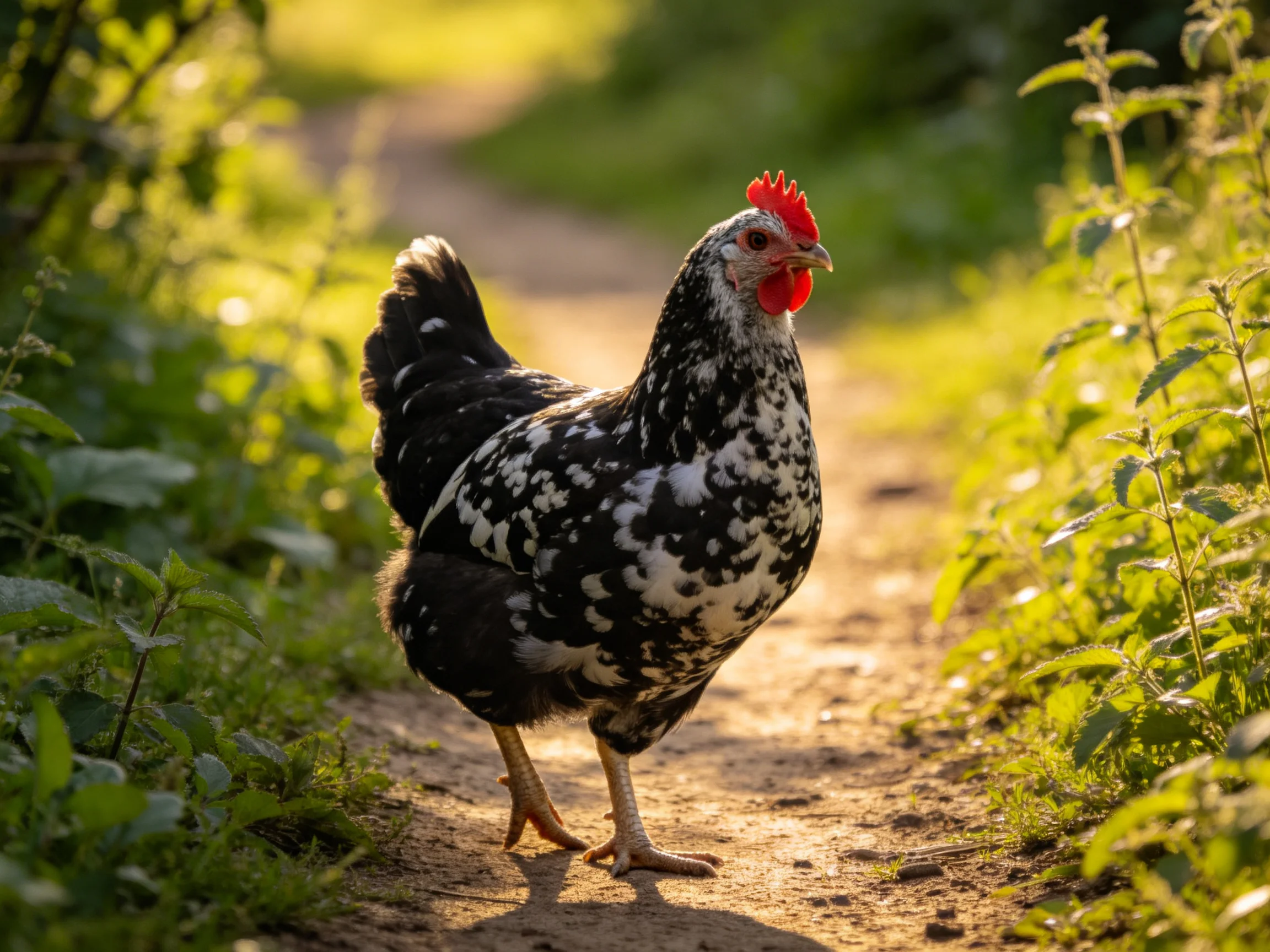 A black and white speckled chicken walks along a sunlit dirt path