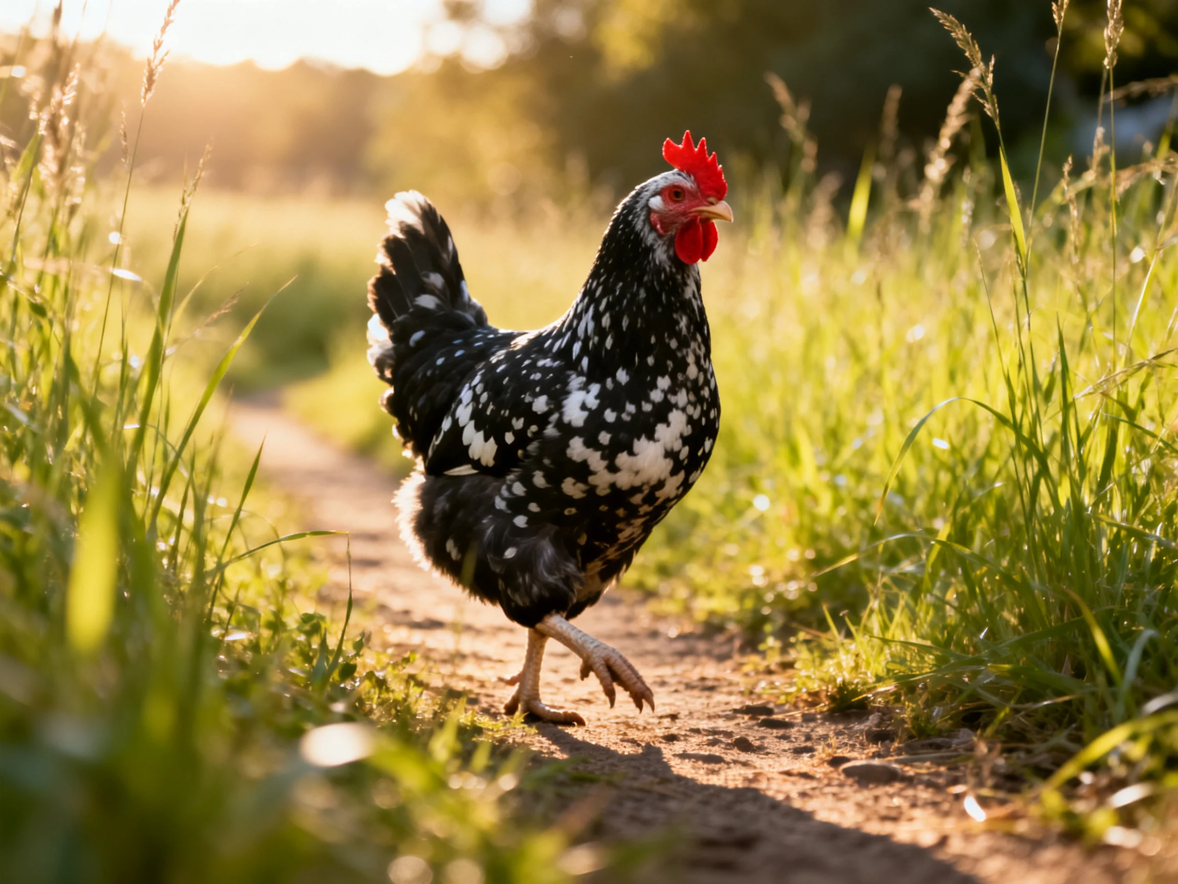 A black and white speckled chicken walks along a sunlit dirt path