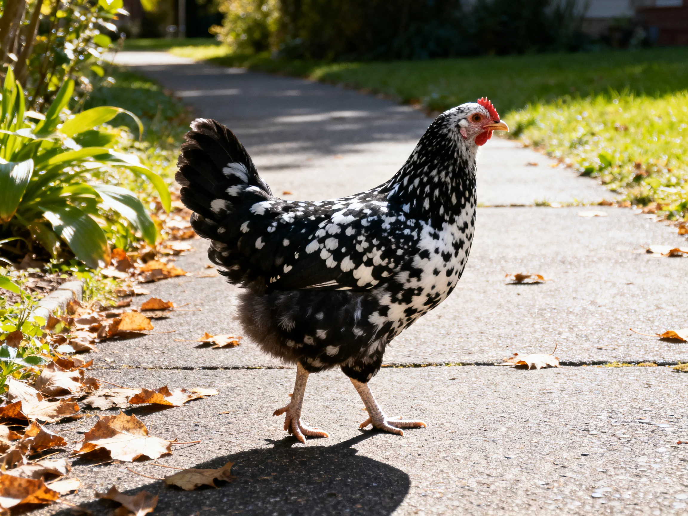 A black and white speckled chicken walks along a sunlit sidewalk