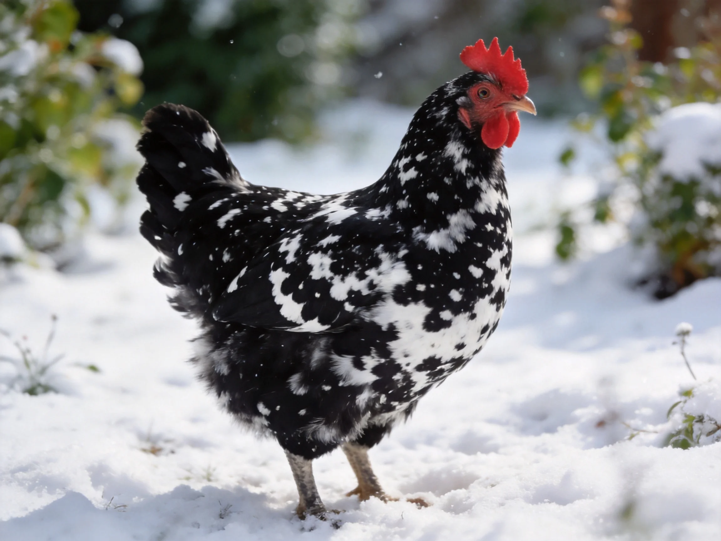 A black and white speckled chicken with a red comb stands in snowy surroundings