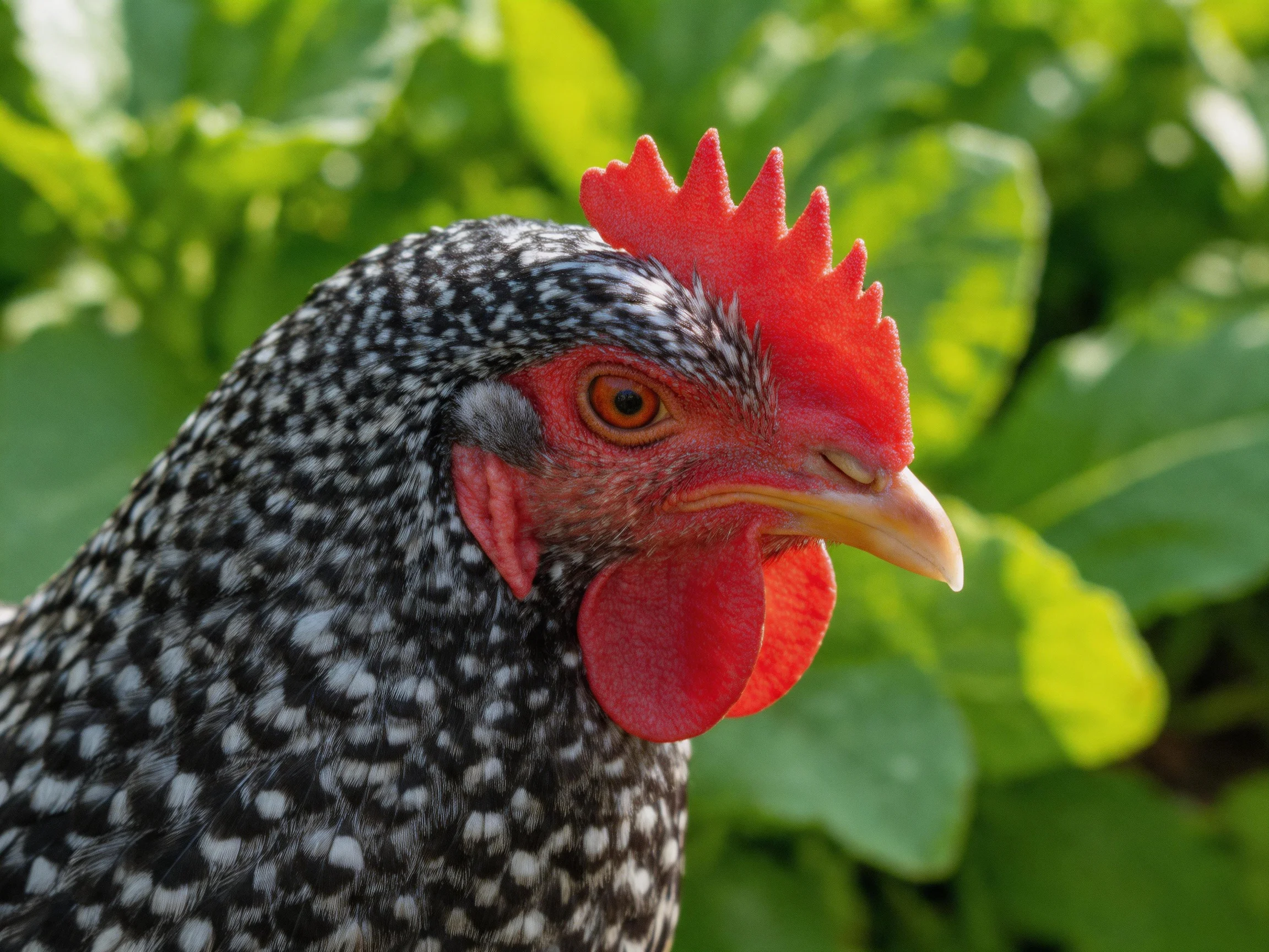 A black and white speckled chicken with bright red comb near leafy greens