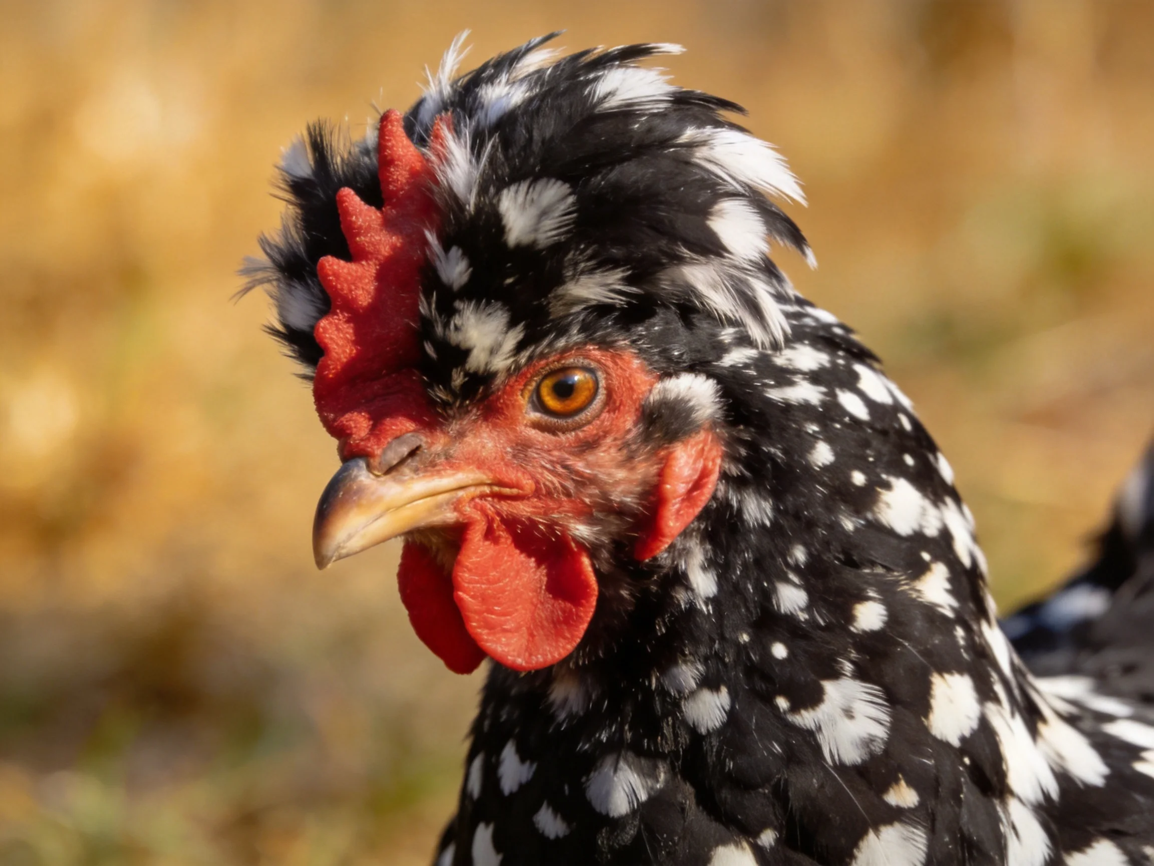 A black and white speckled chicken with bright red combs