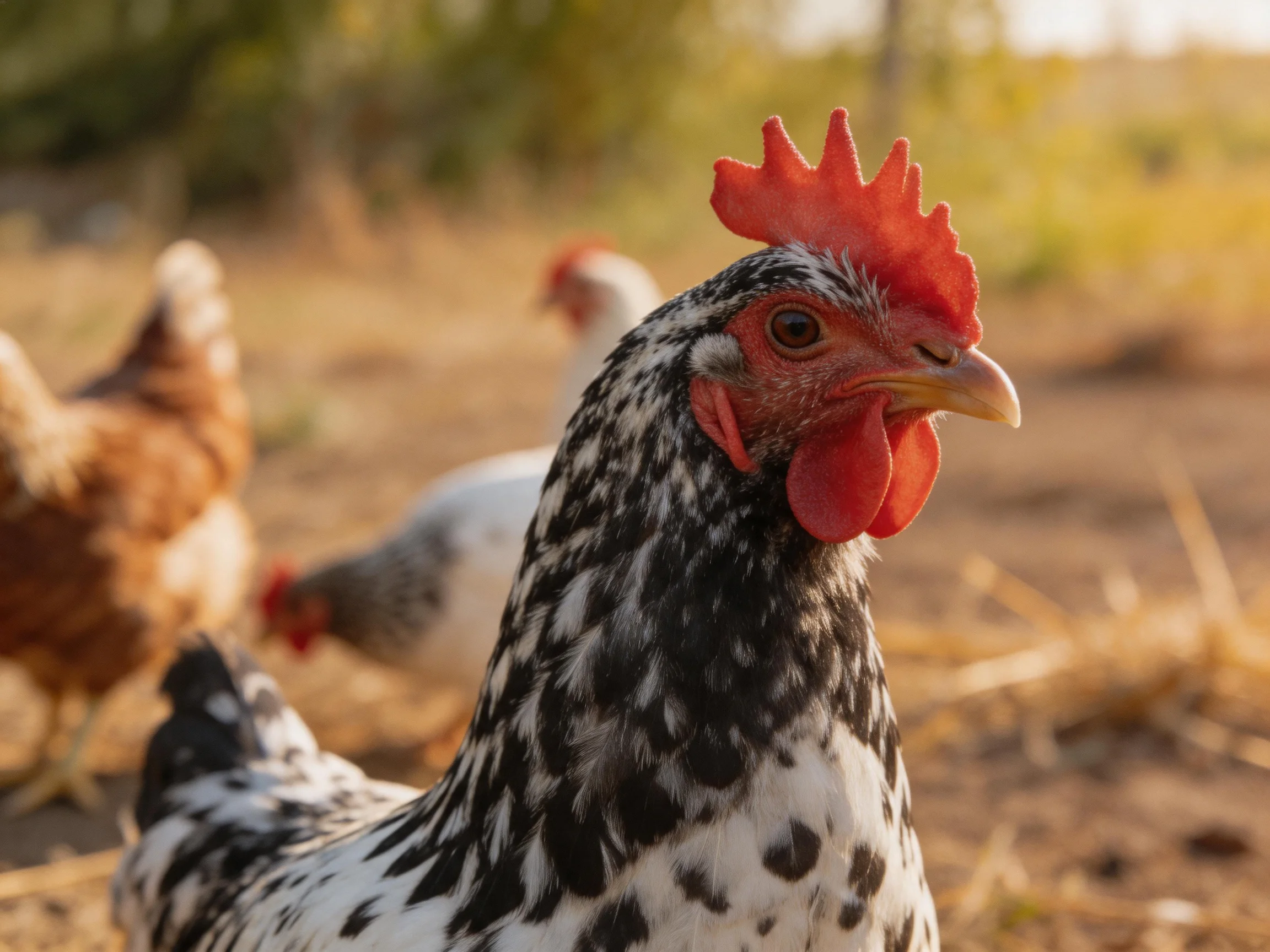 A black-and-white speckled chicken with red comb among brown and white hens outdoors