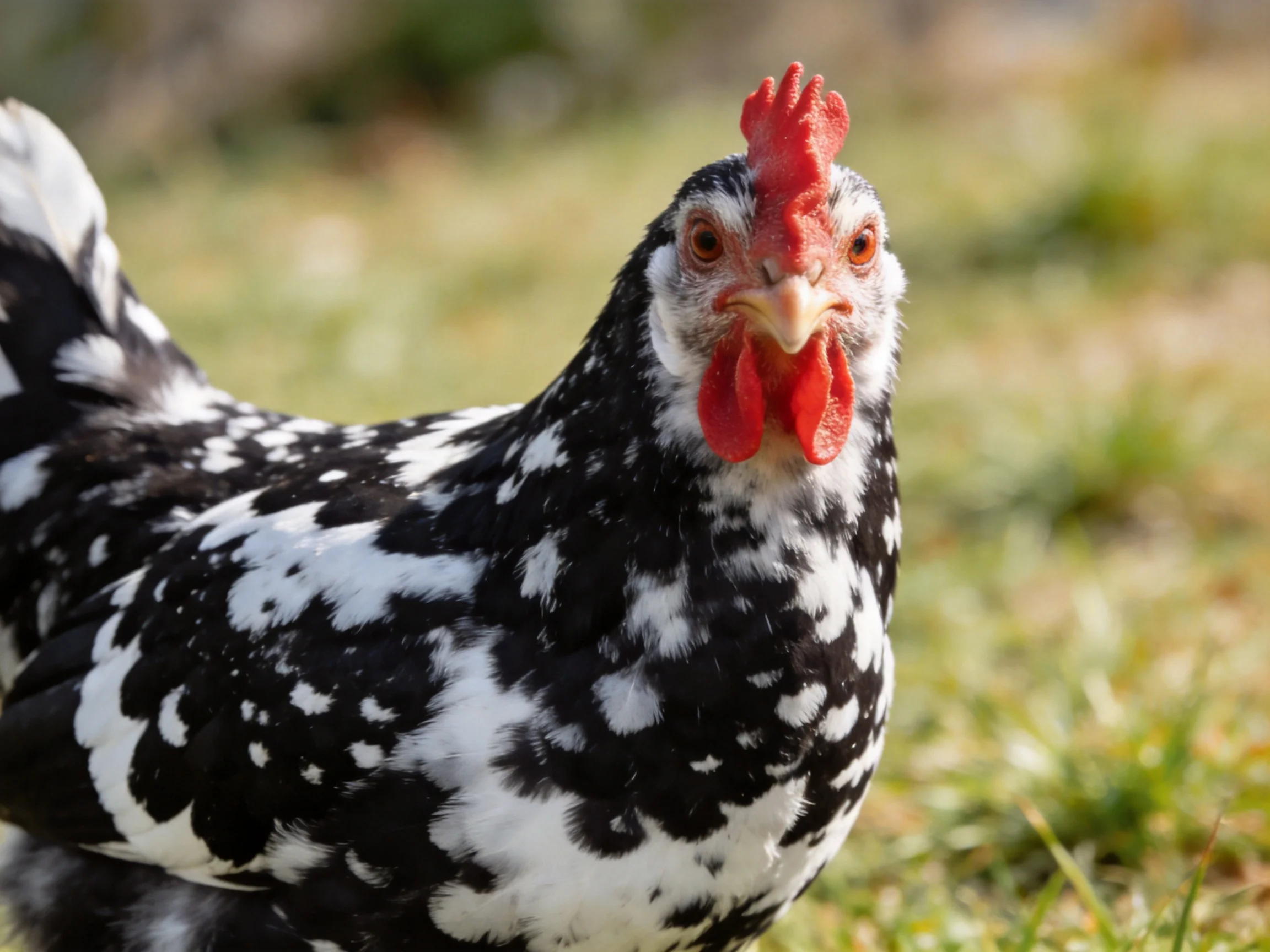 A black and white speckled chicken with red comb on grassy terrain