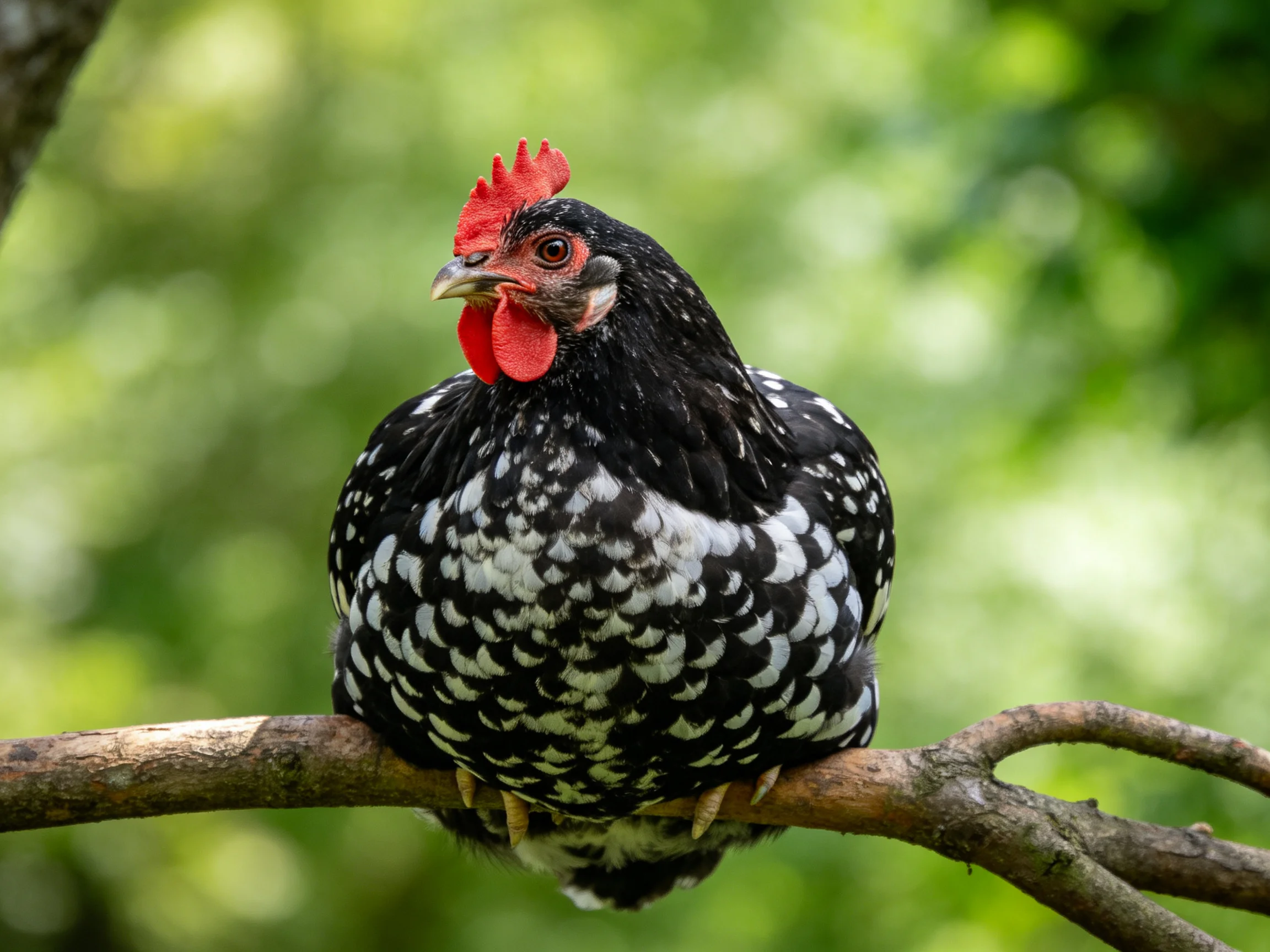 A black and white speckled chicken with red comb perches on a tree branch
