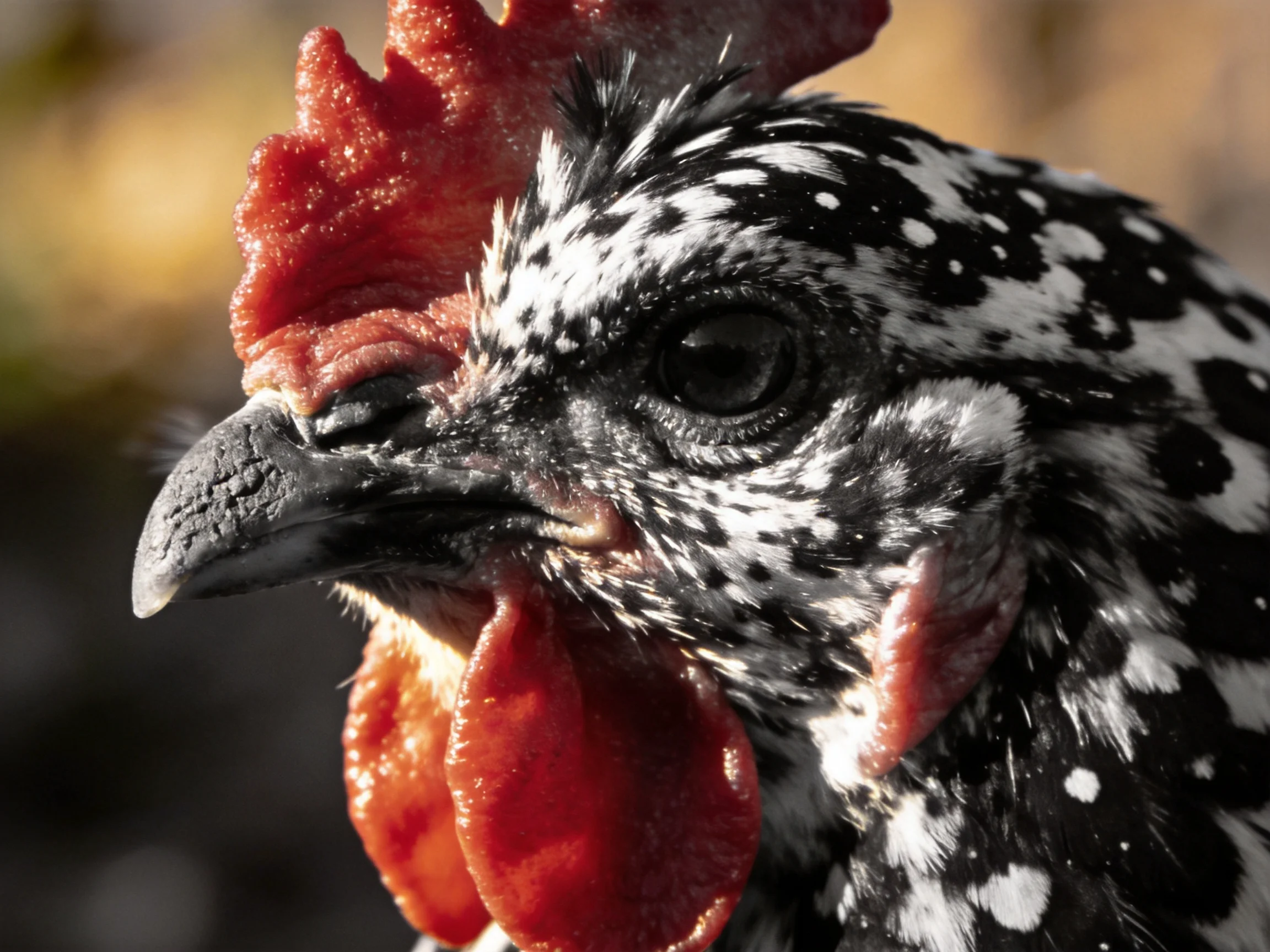 A black and white speckled chicken with vibrant red comb and wattles