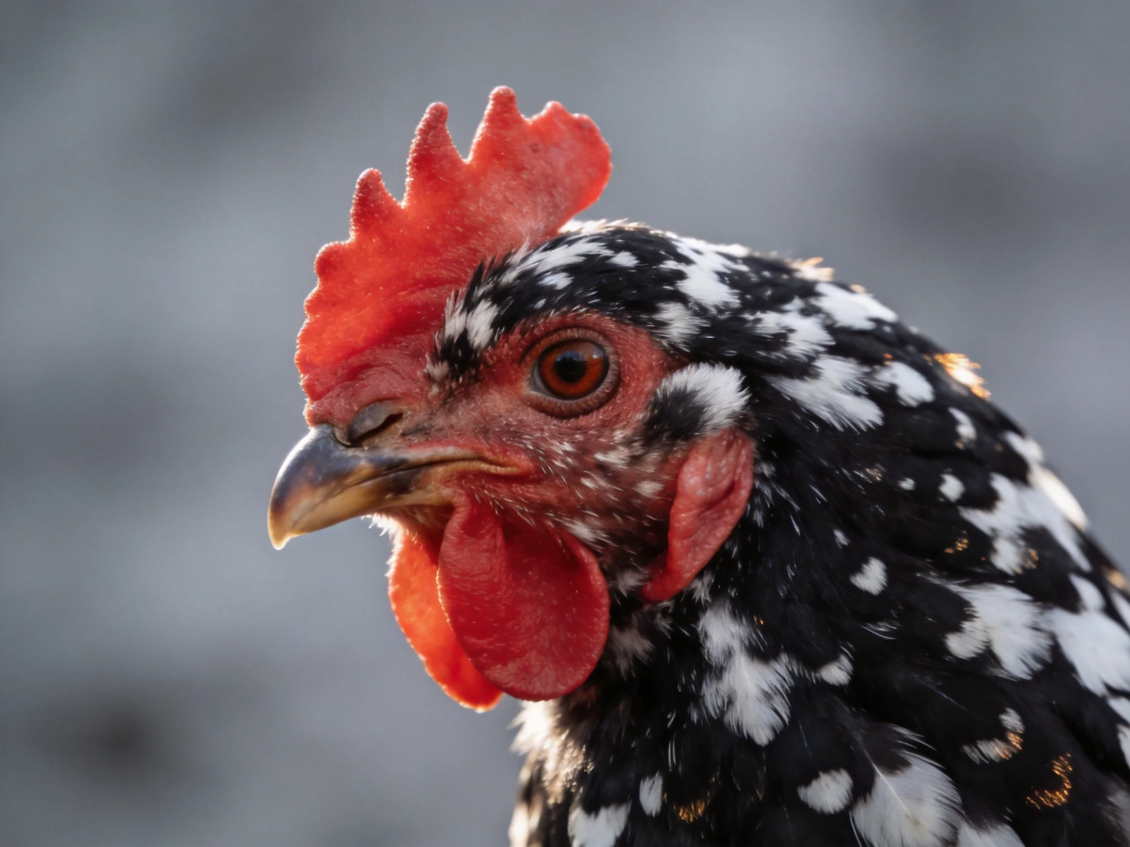A black and white speckled chicken with vibrant red comb and wattles