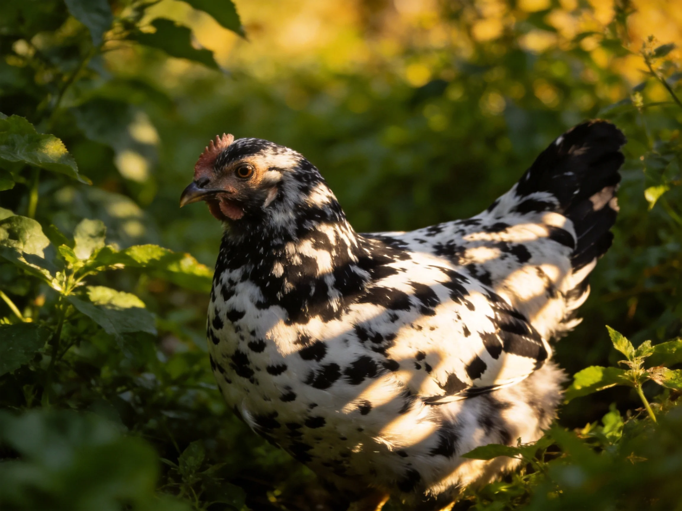 A black and white speckled hen among dense greenery under warm sunlight