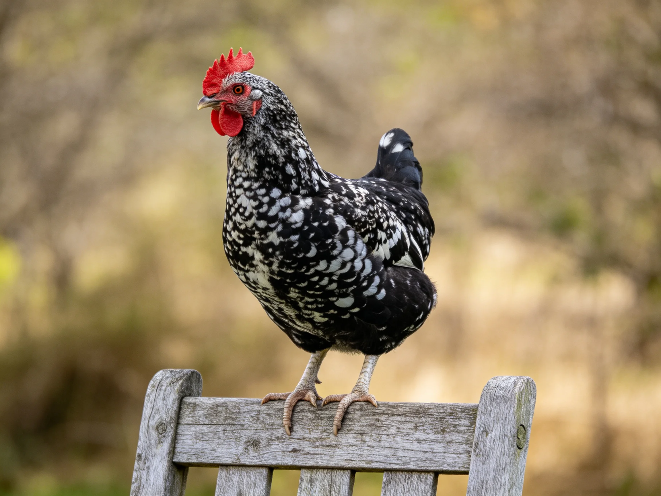A black and white speckled hen perched on a weathered wooden bench
