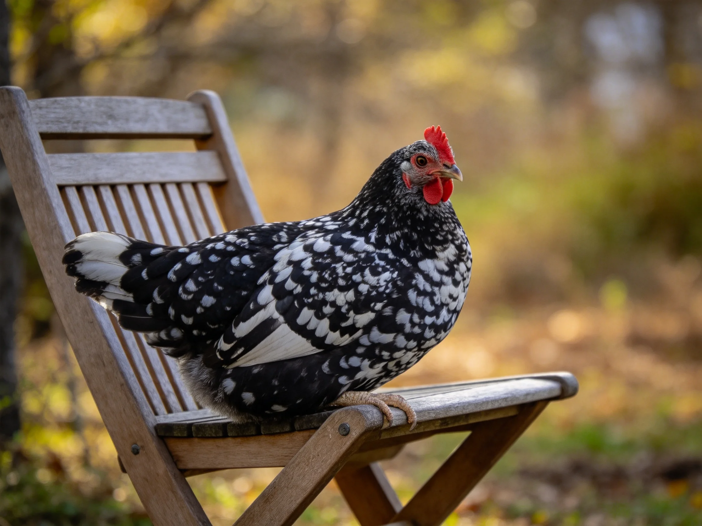 A black and white speckled hen perches on a wooden chair outdoors