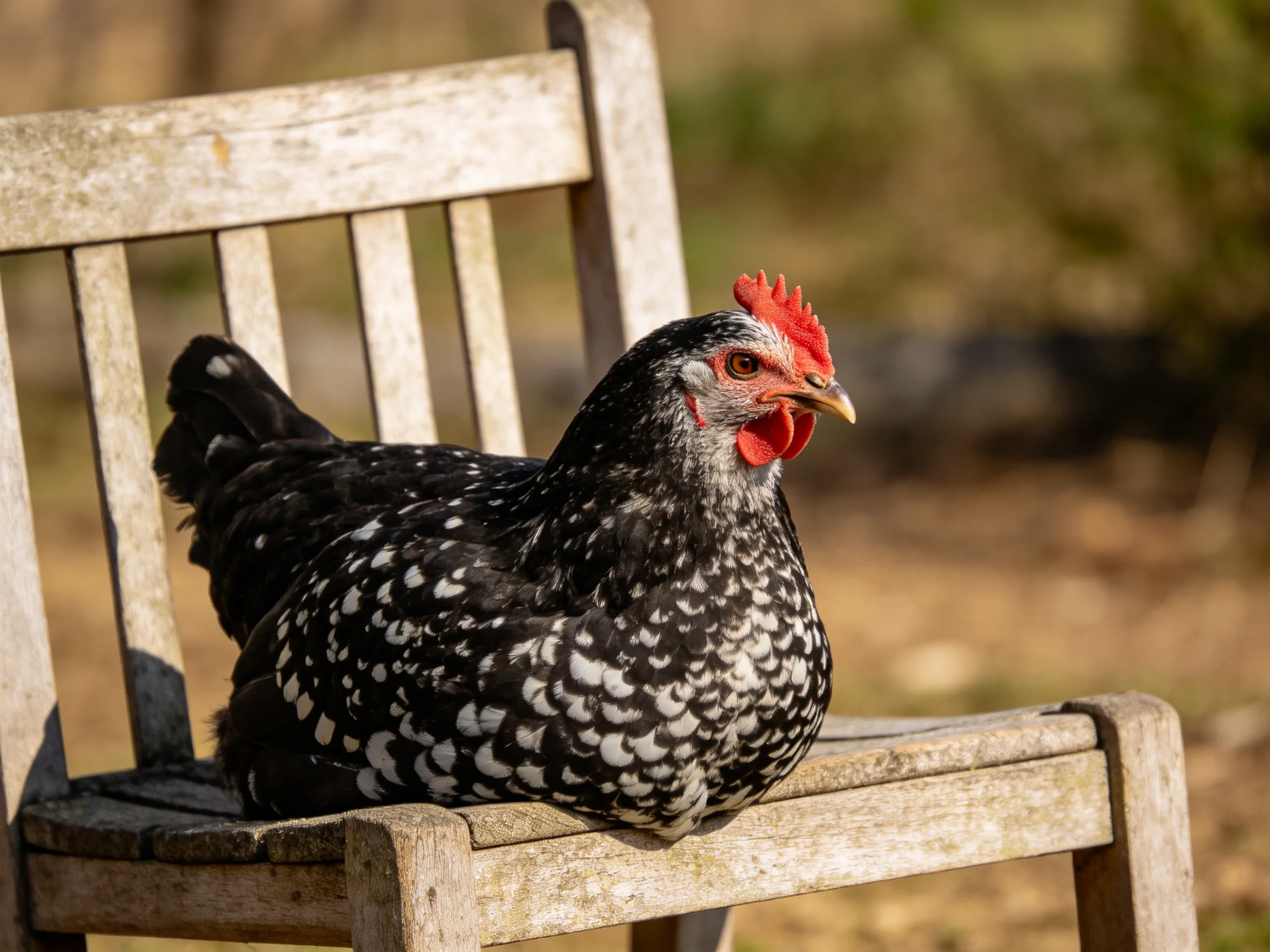 A black and white speckled hen rests on an aged wooden chair
