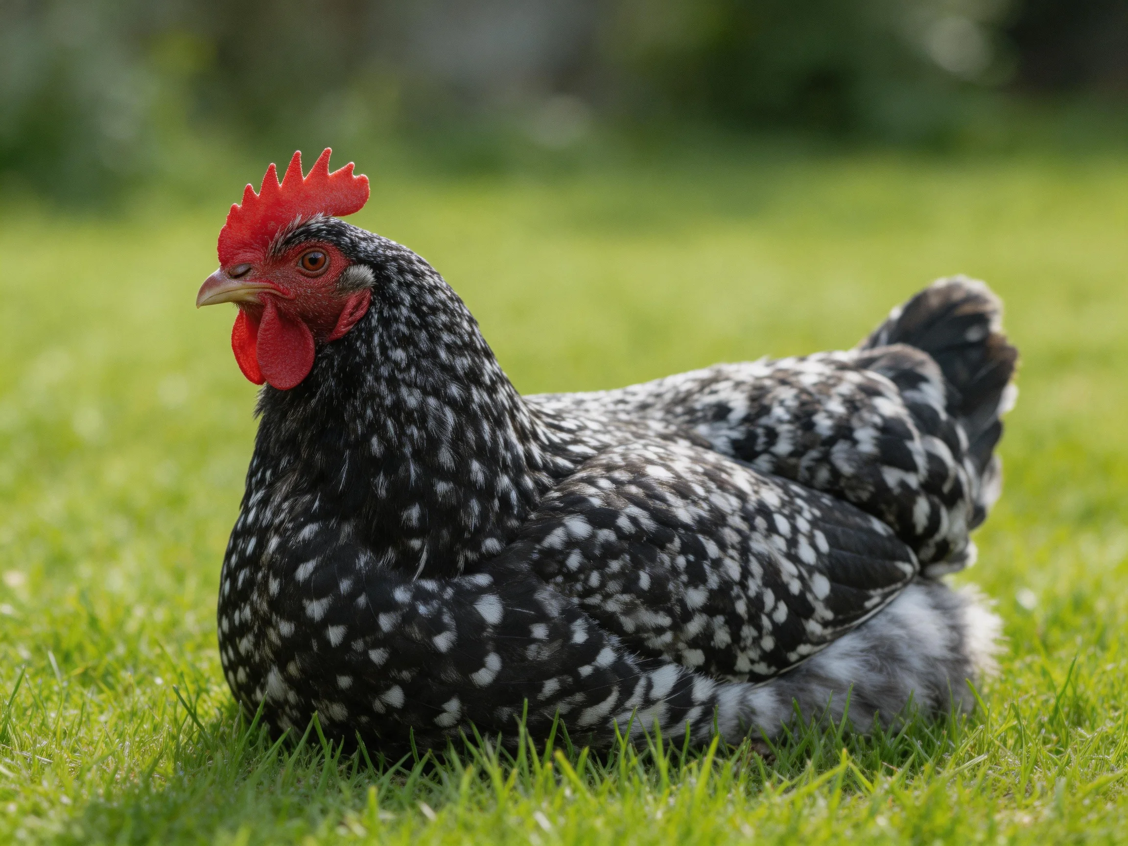 A black and white speckled hen rests on vibrant green grass
