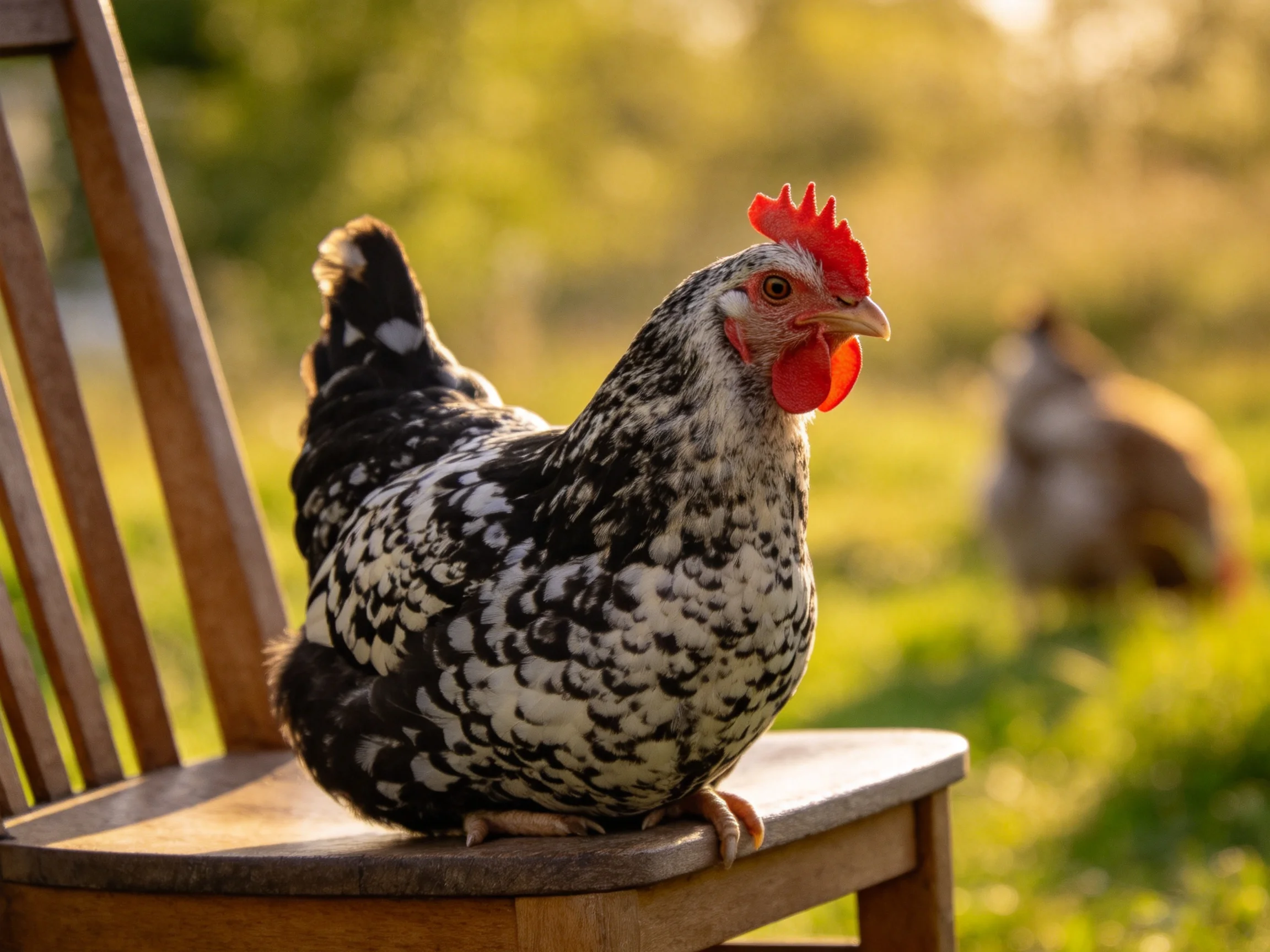 A black and white speckled hen sits atop a wooden chair in a sunlit outdoor area