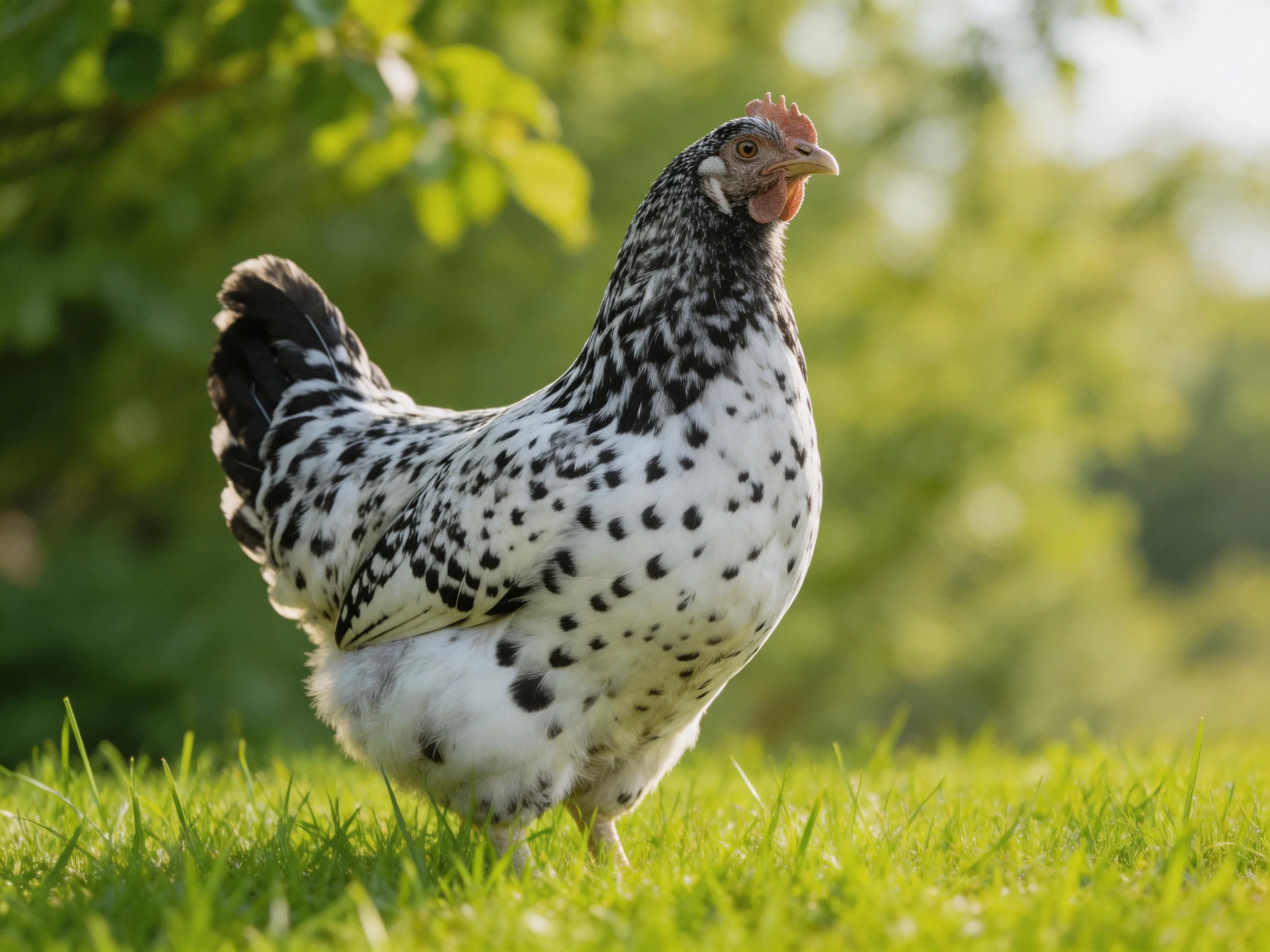 A black and white speckled hen stands on lush green grass near leafy trees