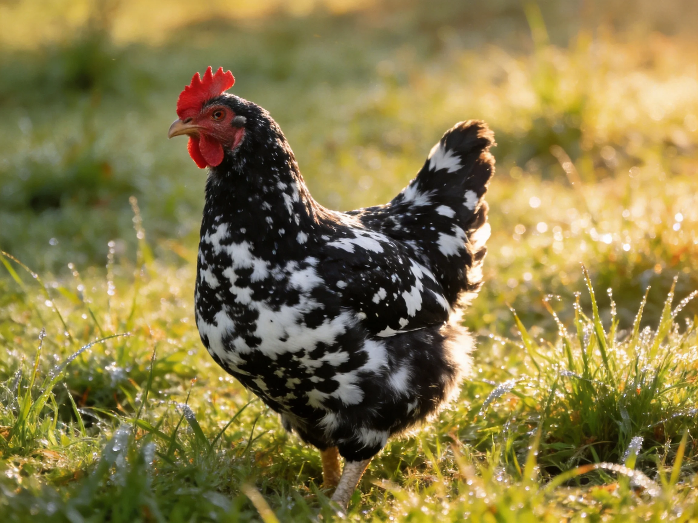 A black and white speckled hen with a bright red comb stands in dewy grass