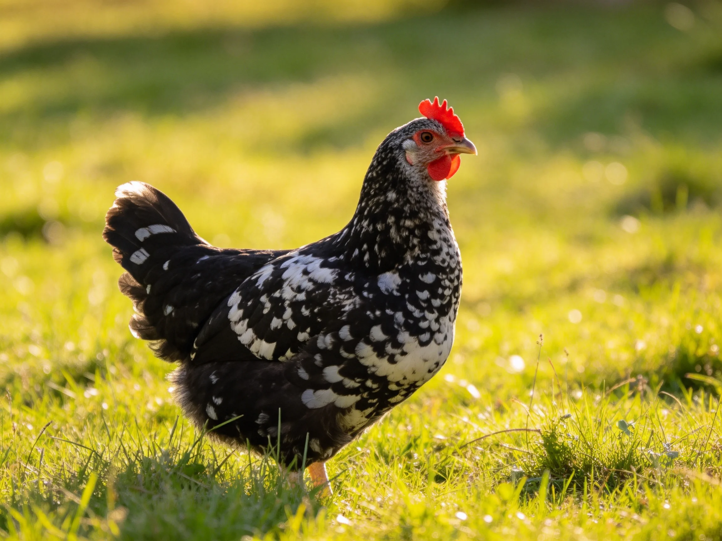 A black and white speckled hen with a bright red comb stands on lush green grass