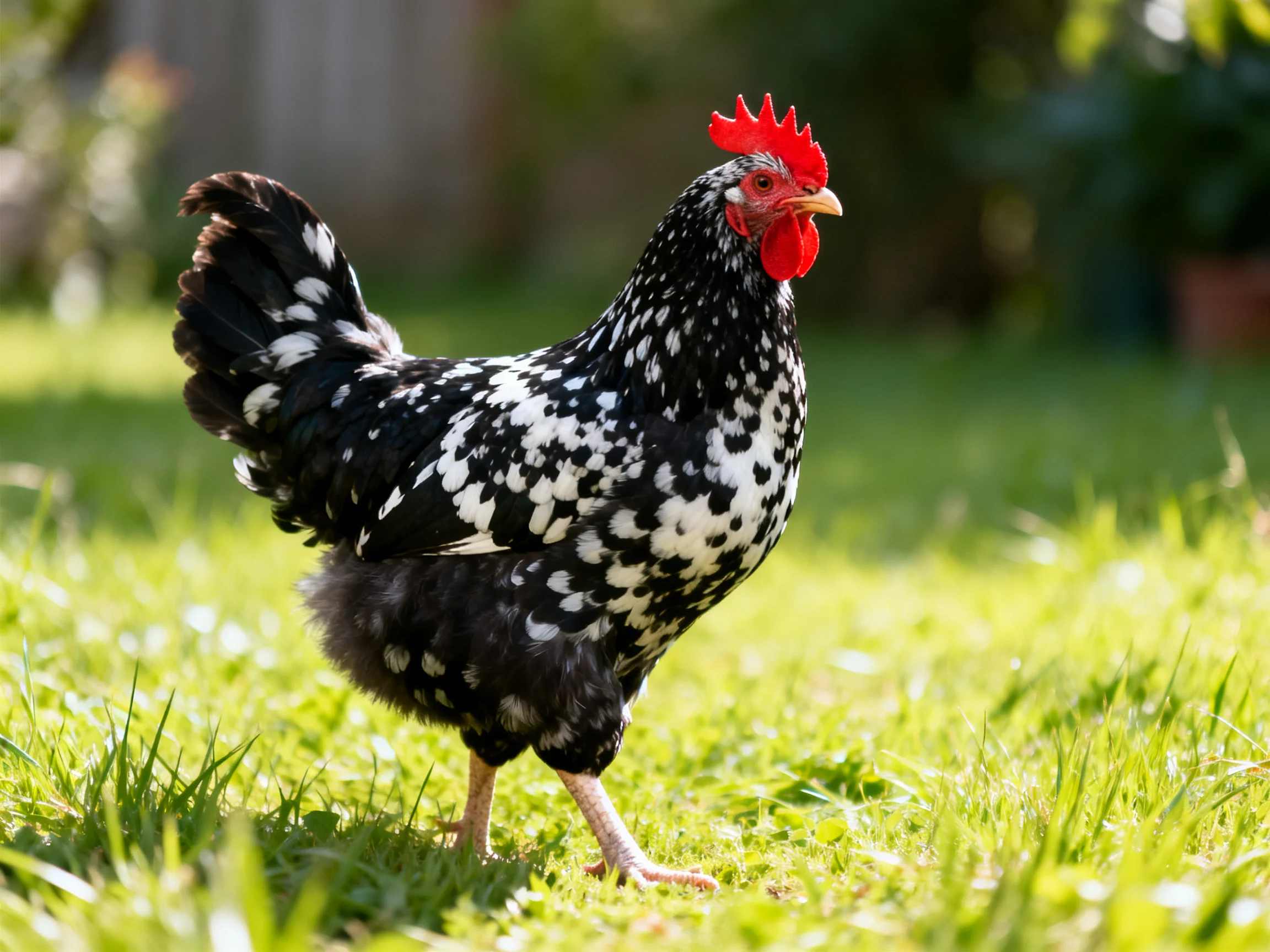 A black and white speckled hen with a bright red comb walking on lush green grass