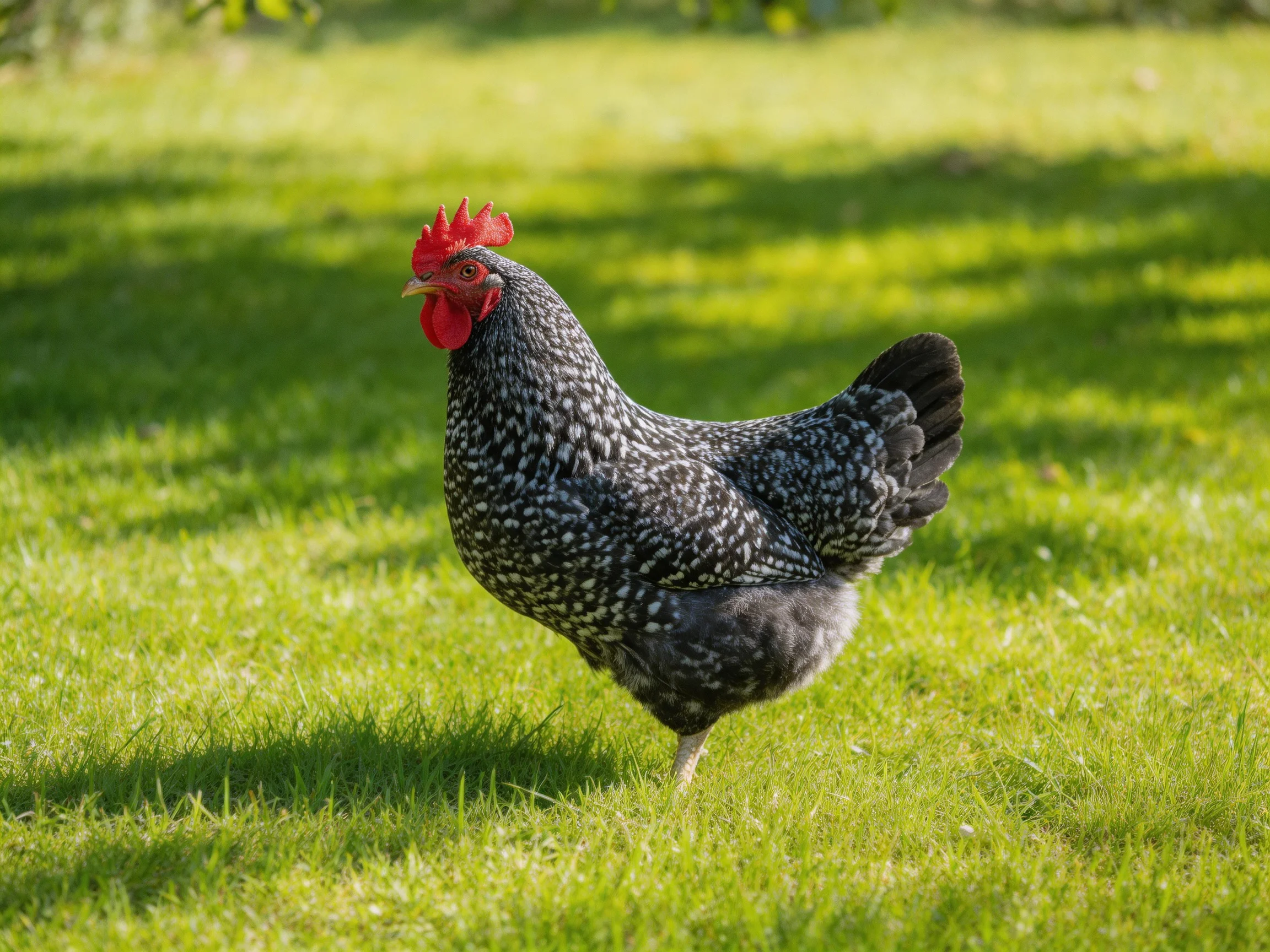 A black and white speckled hen with a bright red comb walking on lush green grass