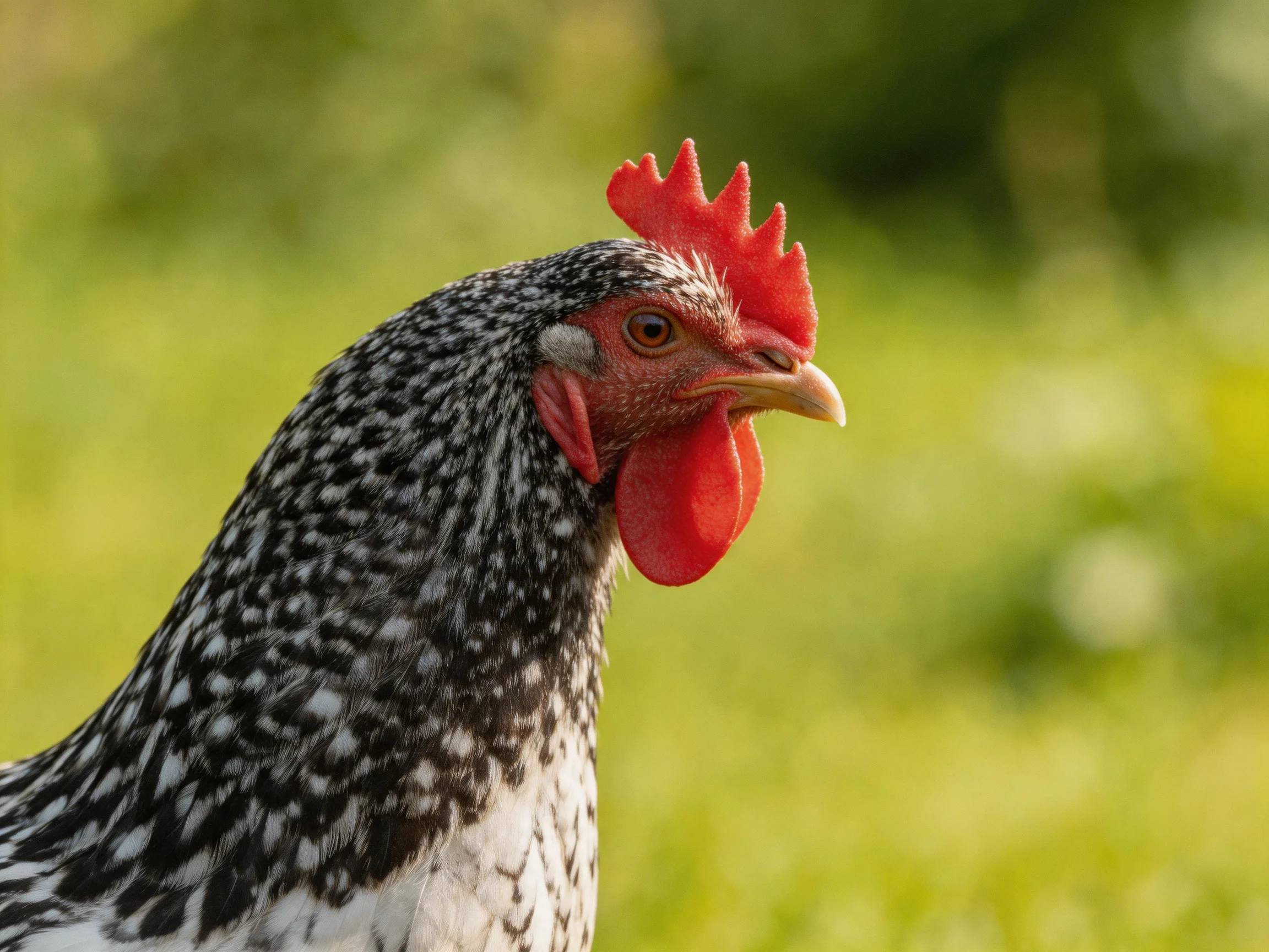 A black-and-white speckled hen with bright red comb in a green field