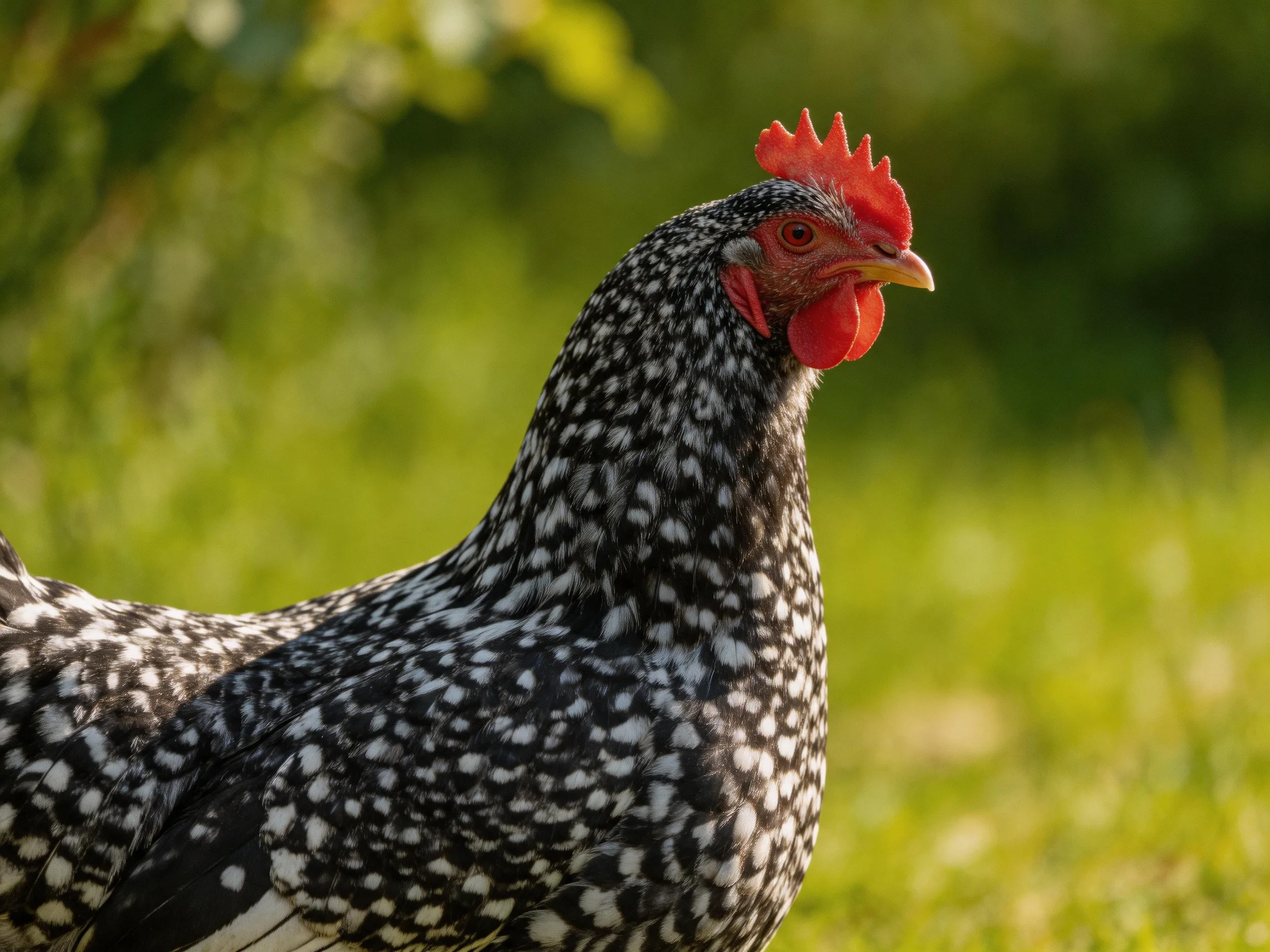 A black and white speckled hen with bright red comb in a sunlit meadow