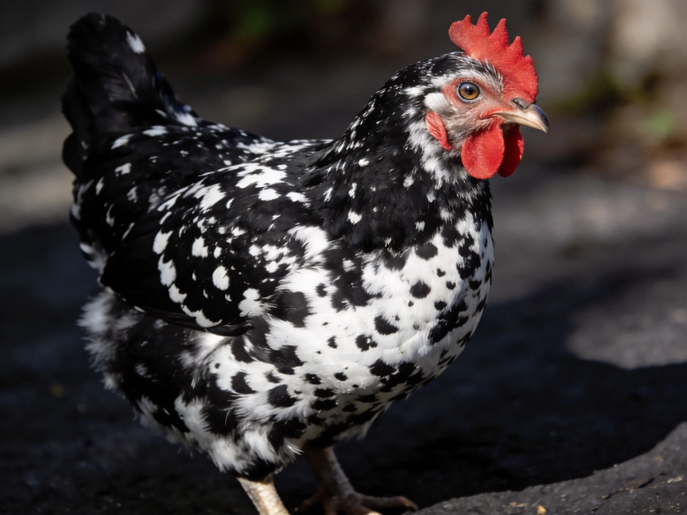 A black and white speckled hen with bright red comb