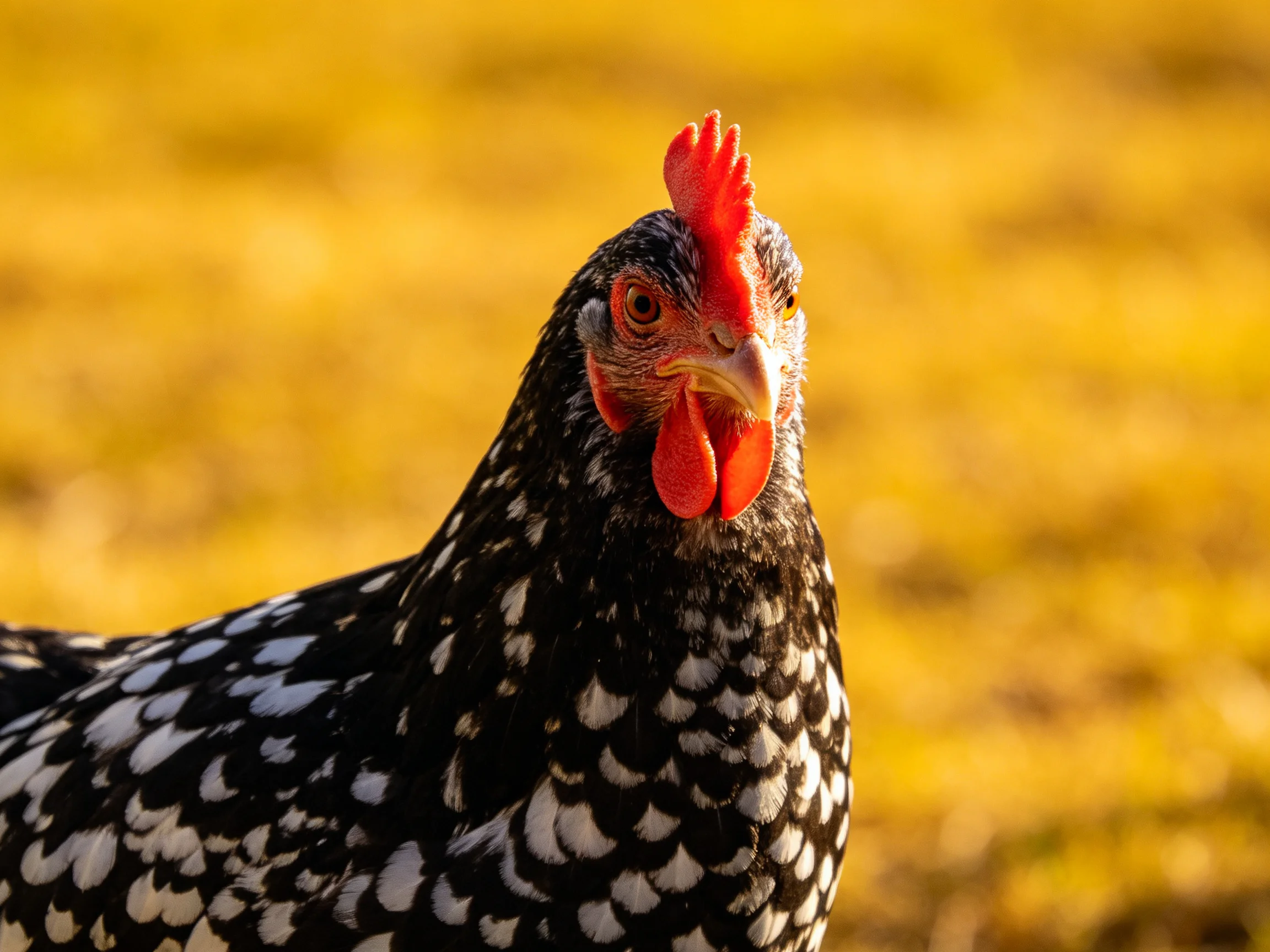 A black and white speckled hen with bright red comb on golden grass