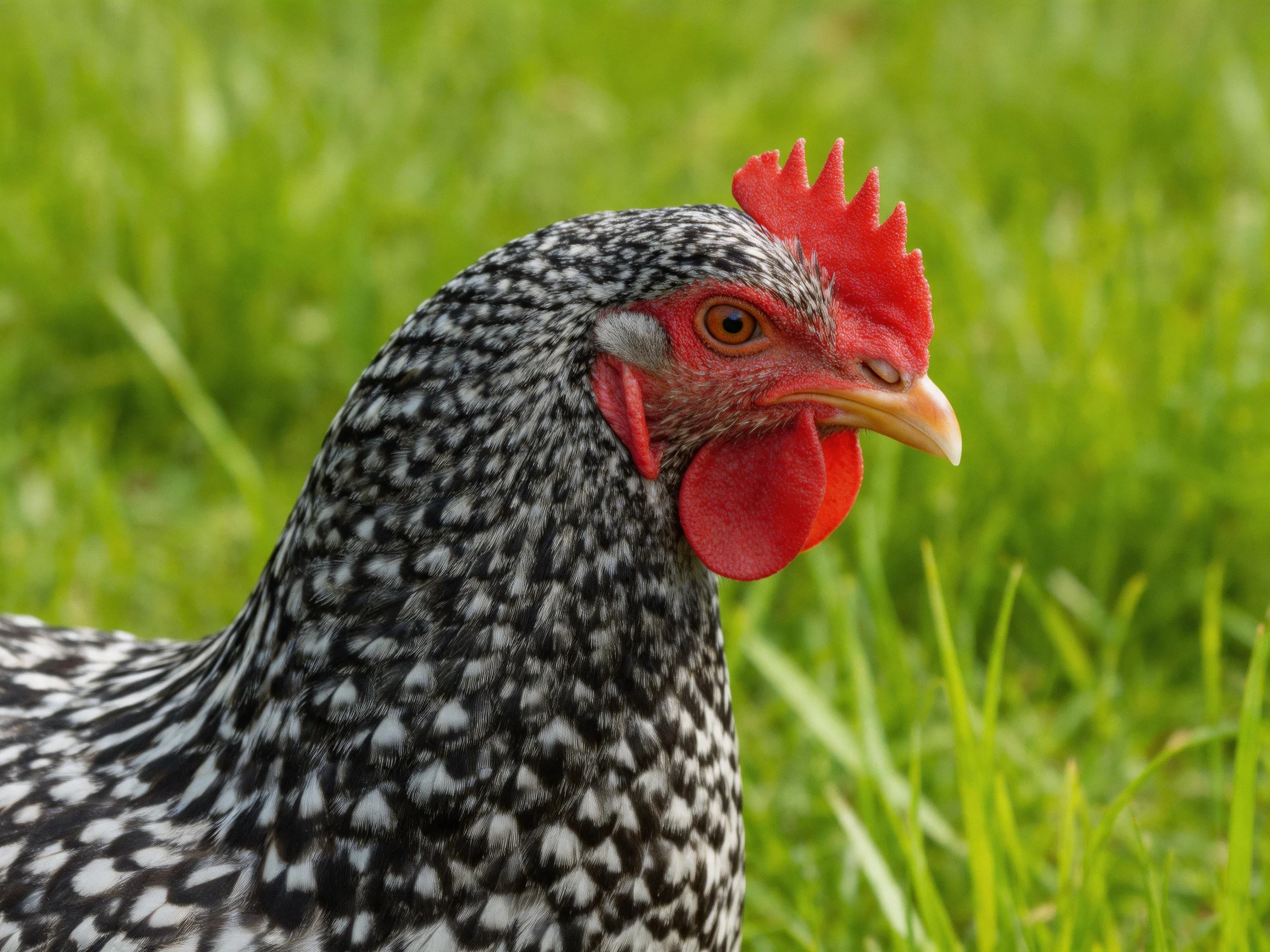 A black and white speckled hen with bright red comb on lush green grass