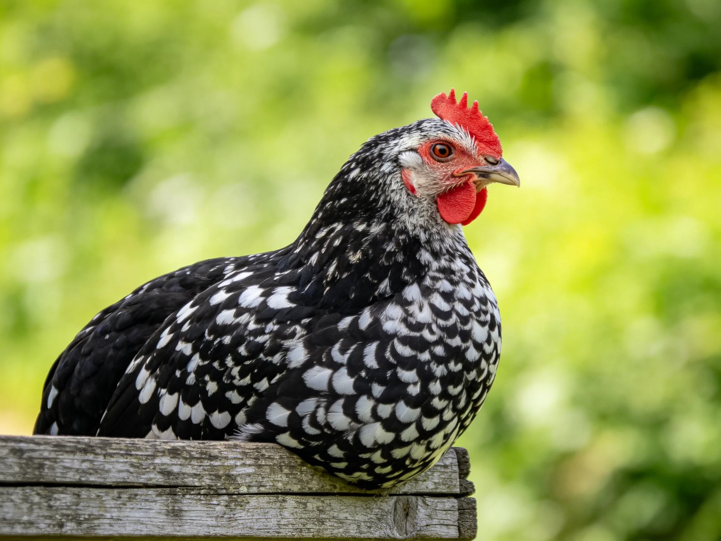 A black and white speckled hen with red comb perched on weathered wood