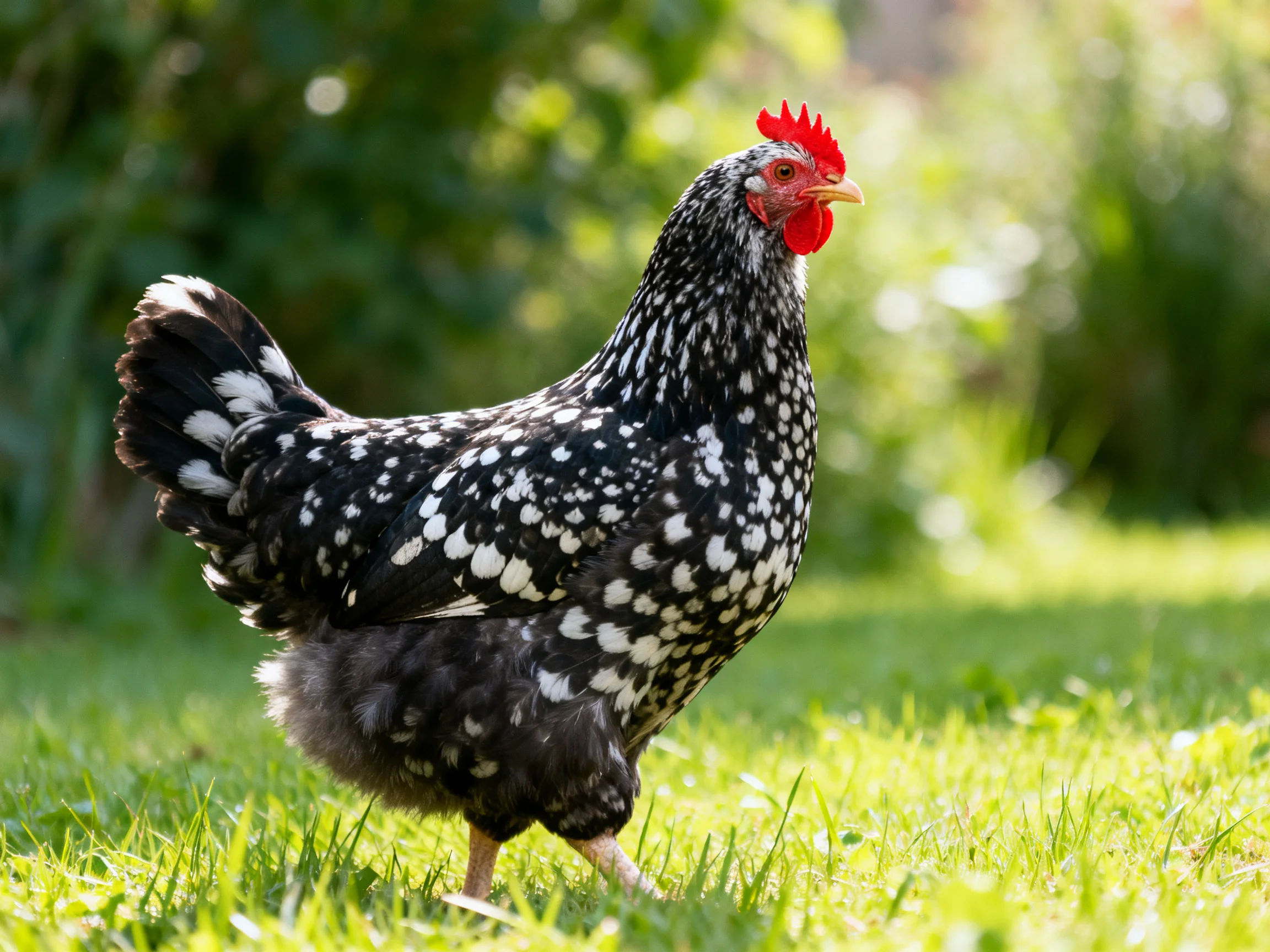 A black and white speckled hen with red comb walking on green grass