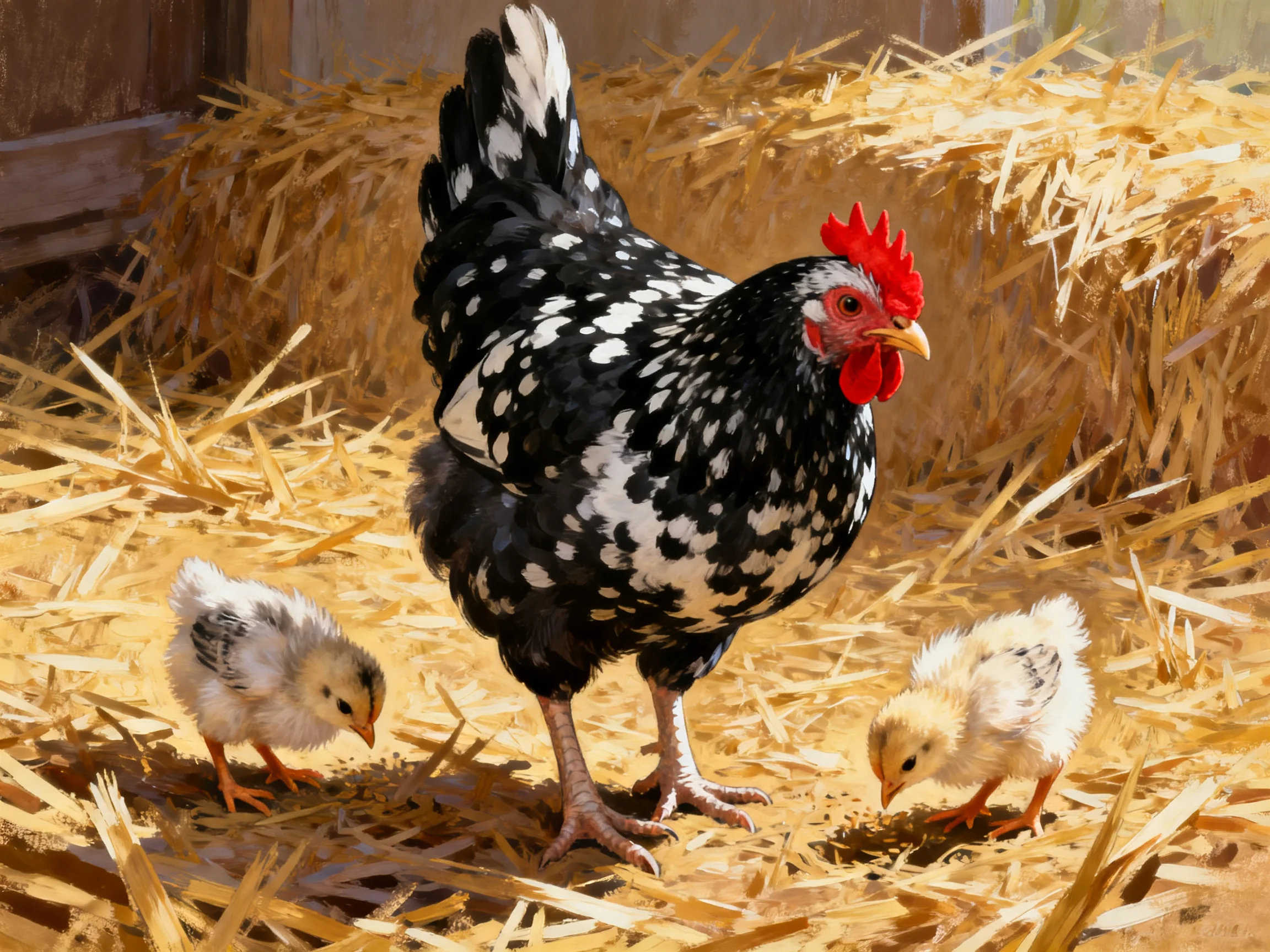 A black and white speckled hen with two fluffy chicks in golden straw