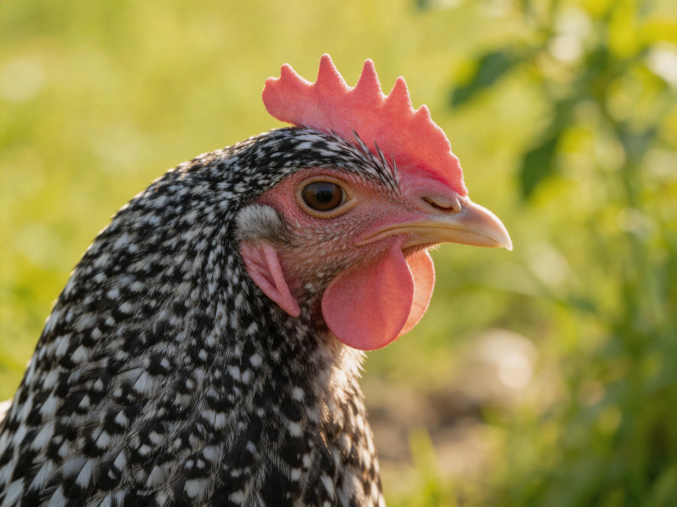 A black-and-white speckled hen with vibrant pink comb in a sunlit field