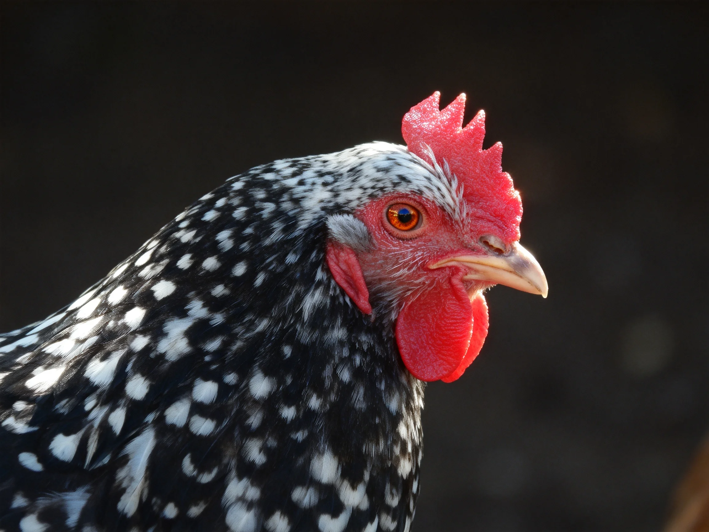 A black and white speckled hen with vibrant red comb and wattles