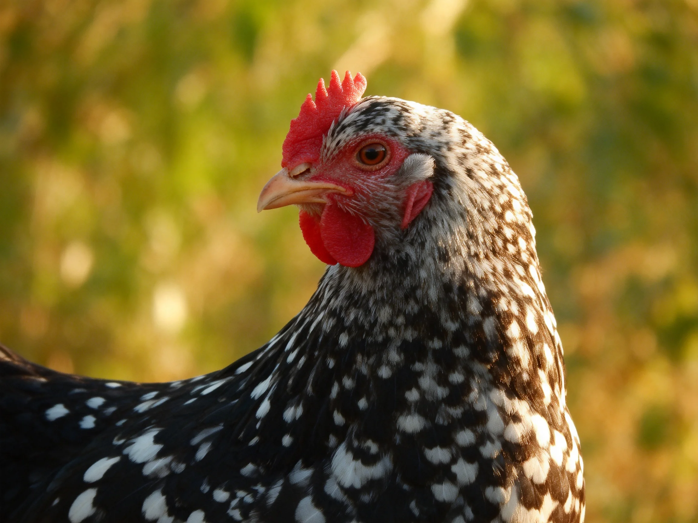 A black-and-white speckled hen with vibrant red comb and wattles