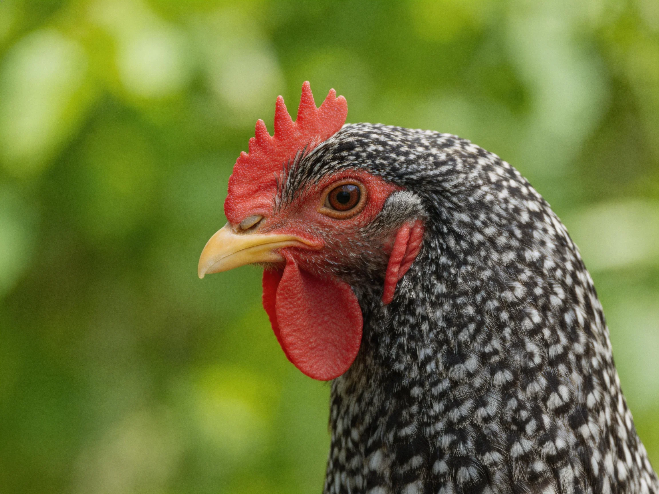 A black-and-white speckled hen with vibrant red comb and wattles
