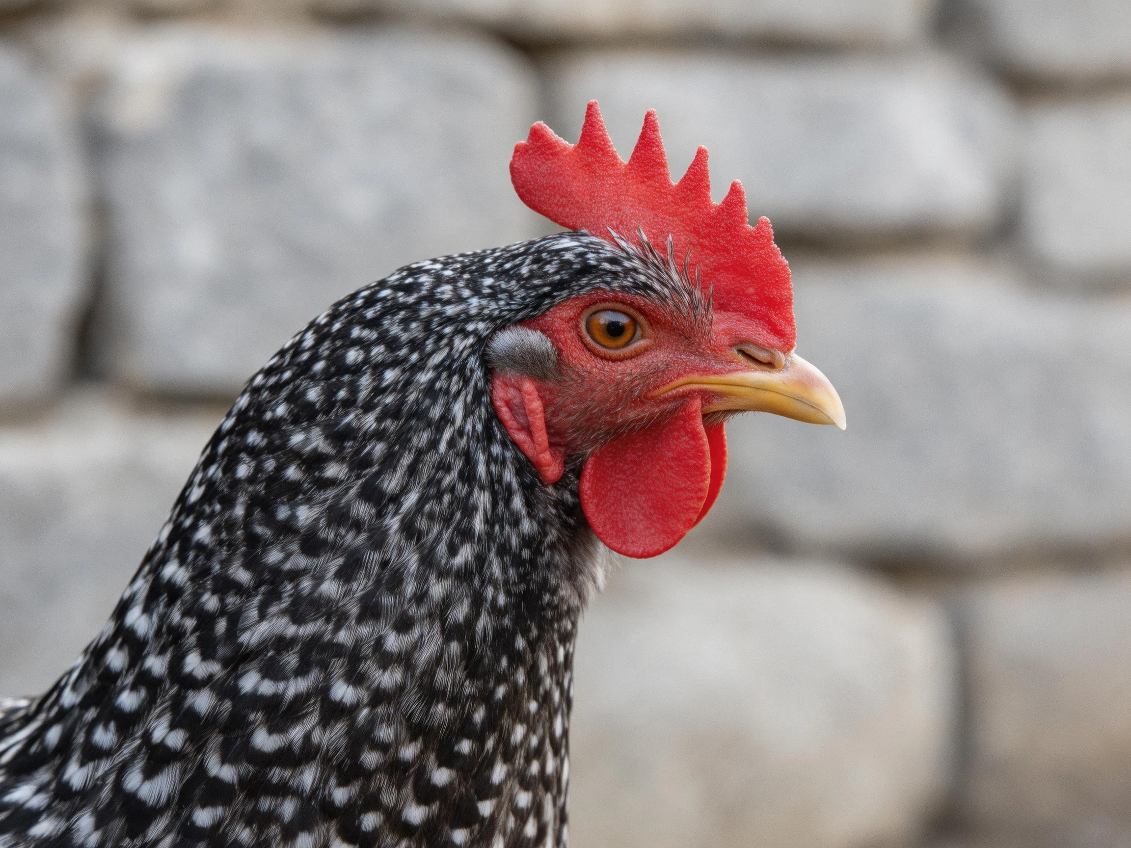 A black-and-white speckled hen with vibrant red comb near stone wall