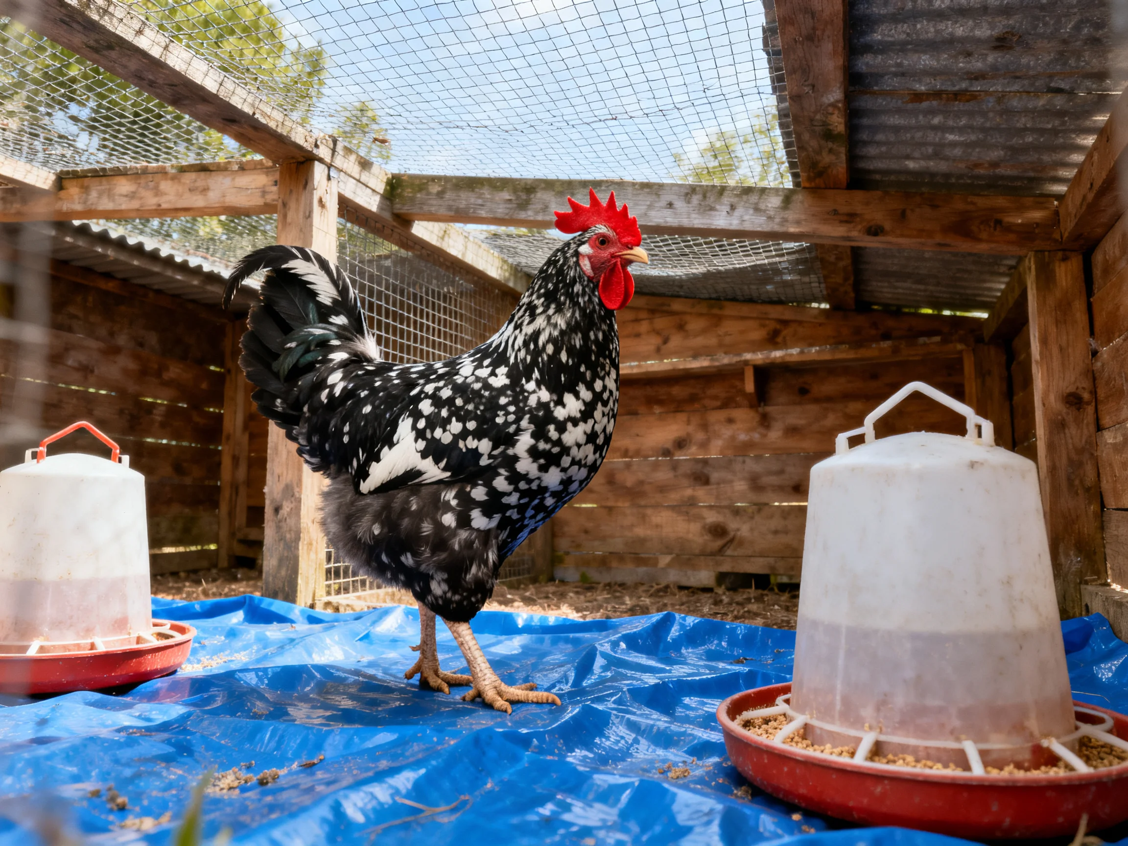 A black and white speckled rooster between two feeders in a wooden coop