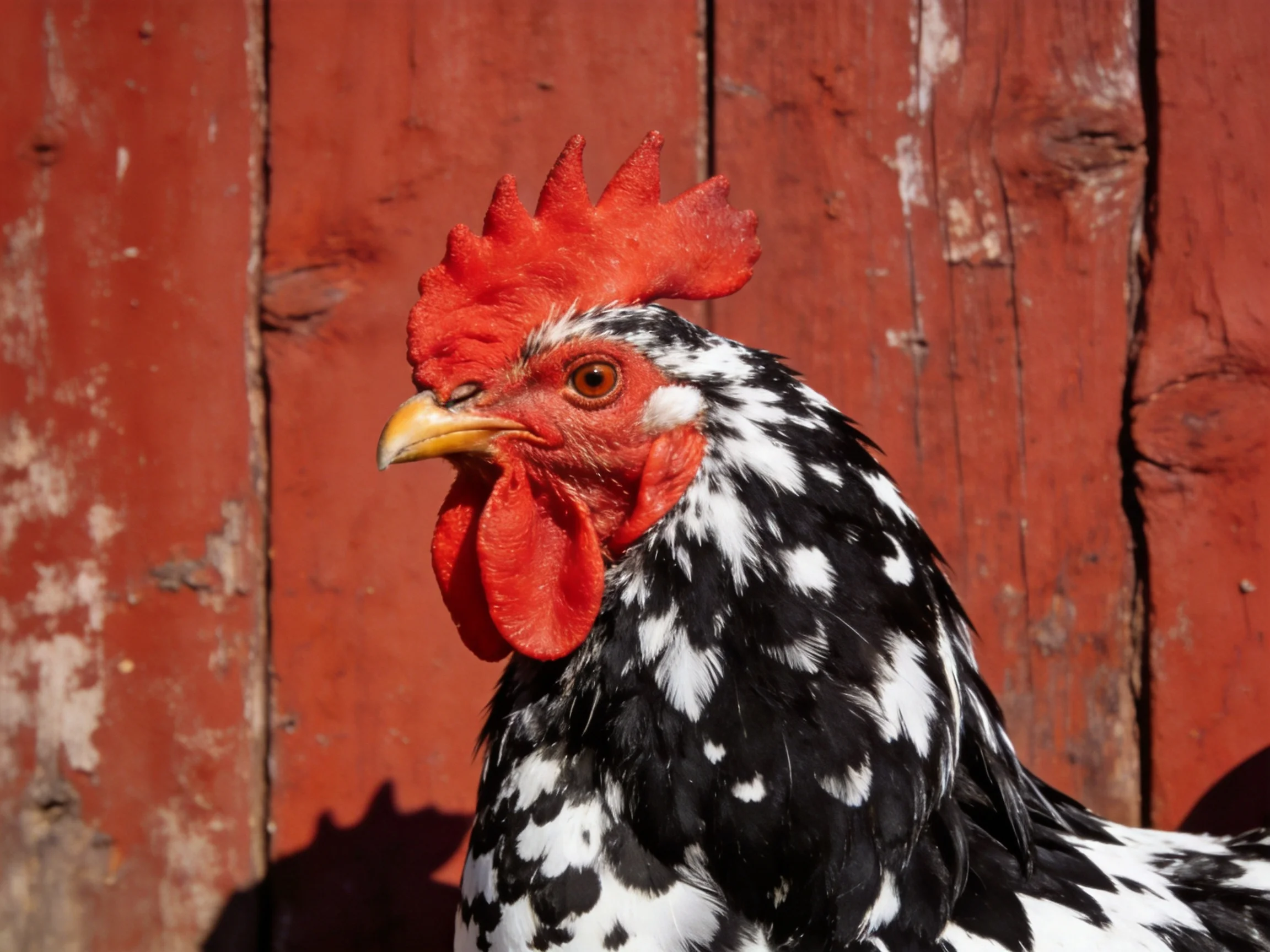 A black and white speckled rooster near weathered red wooden planks