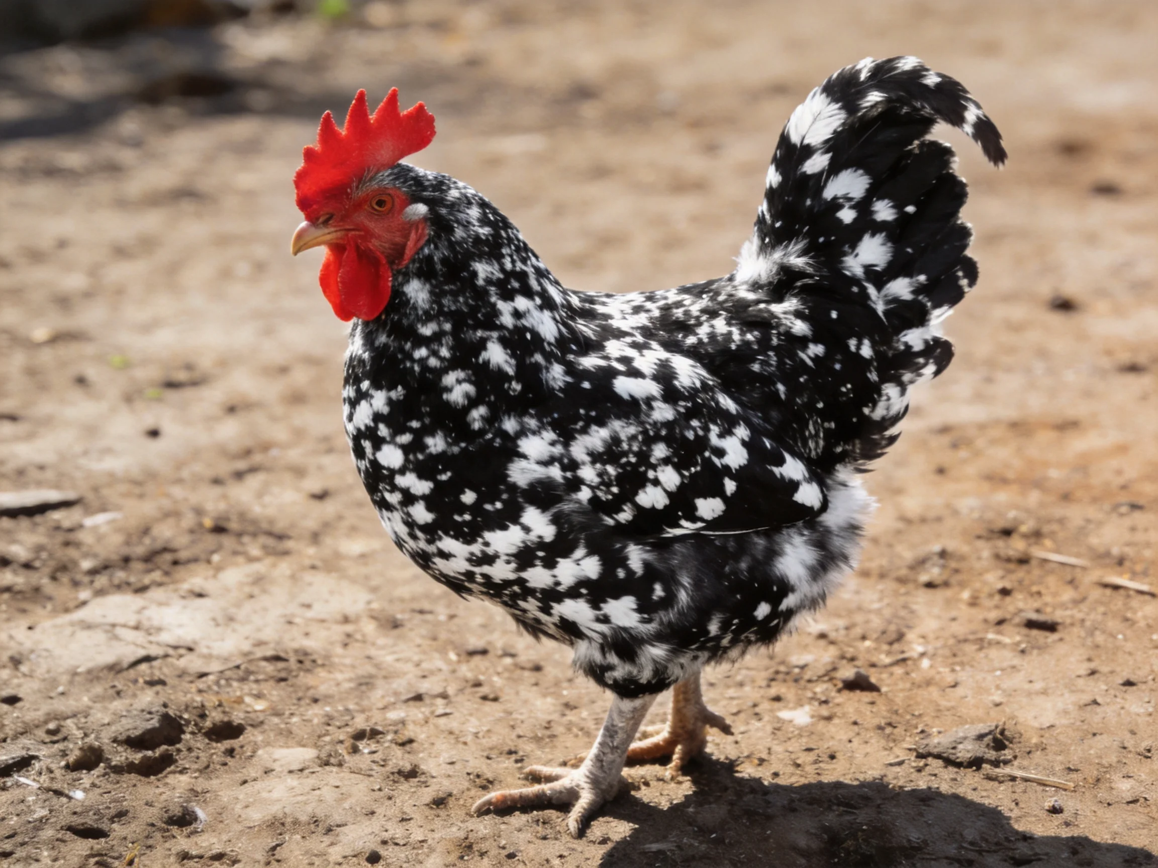A black and white speckled rooster on a dirt ground