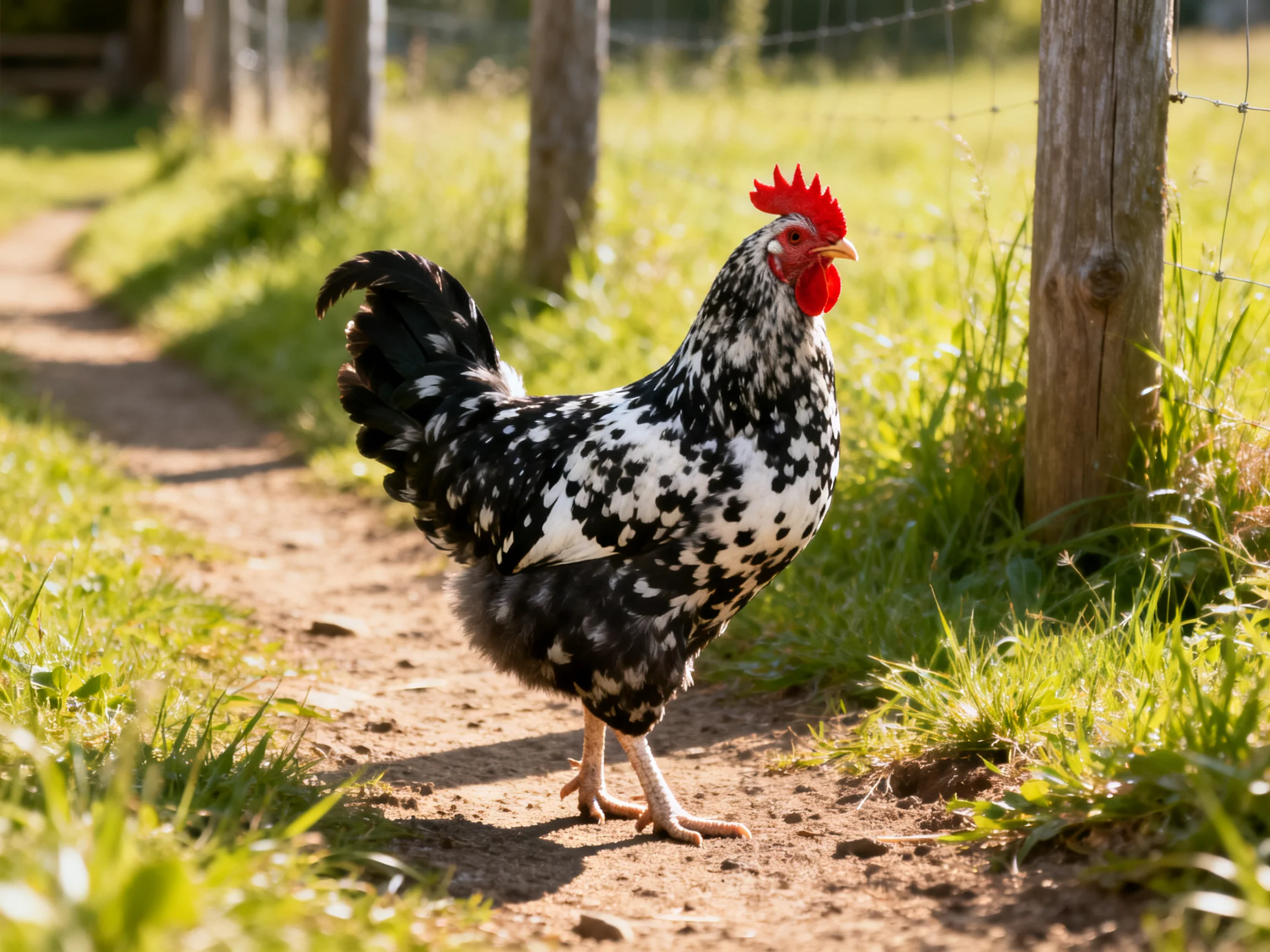 A black-and-white speckled rooster stands on a sunlit dirt path