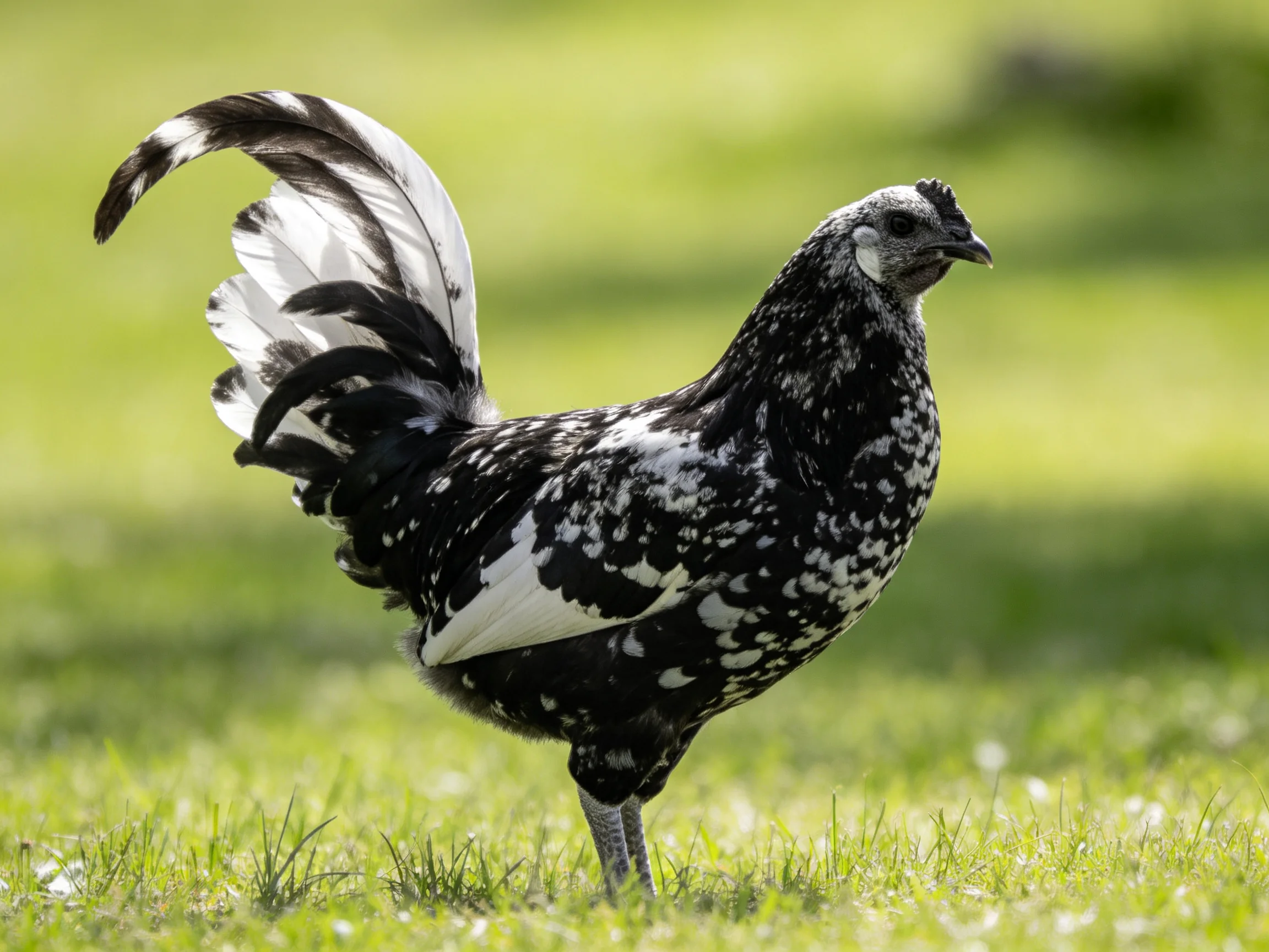 A black and white speckled rooster stands on lush green grass