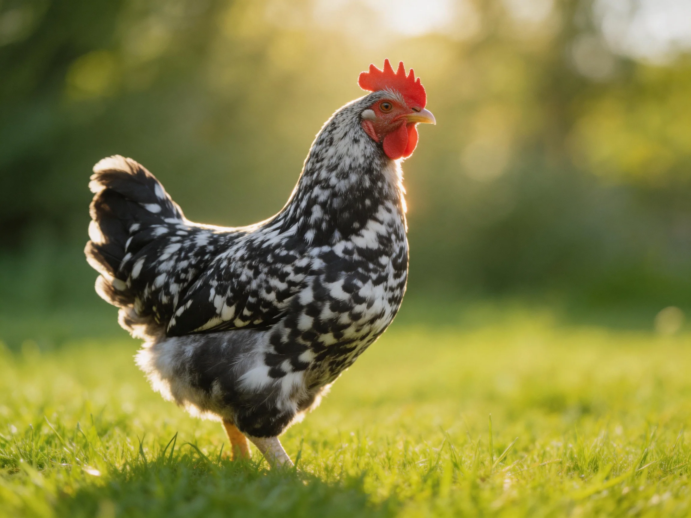 A black-and-white speckled rooster stands on lush green grass in sunlight