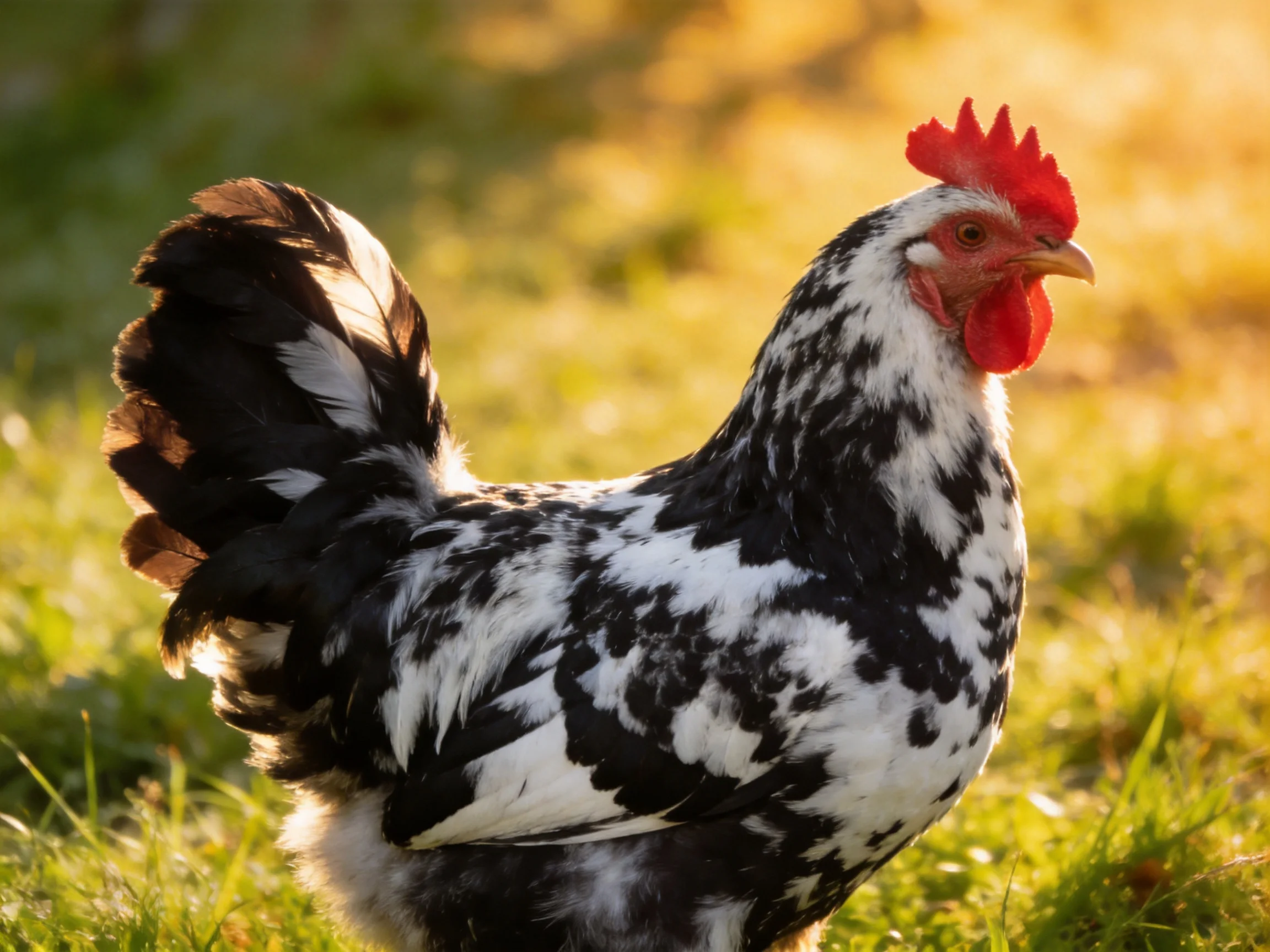 A black and white speckled rooster stands on sunlit green grass