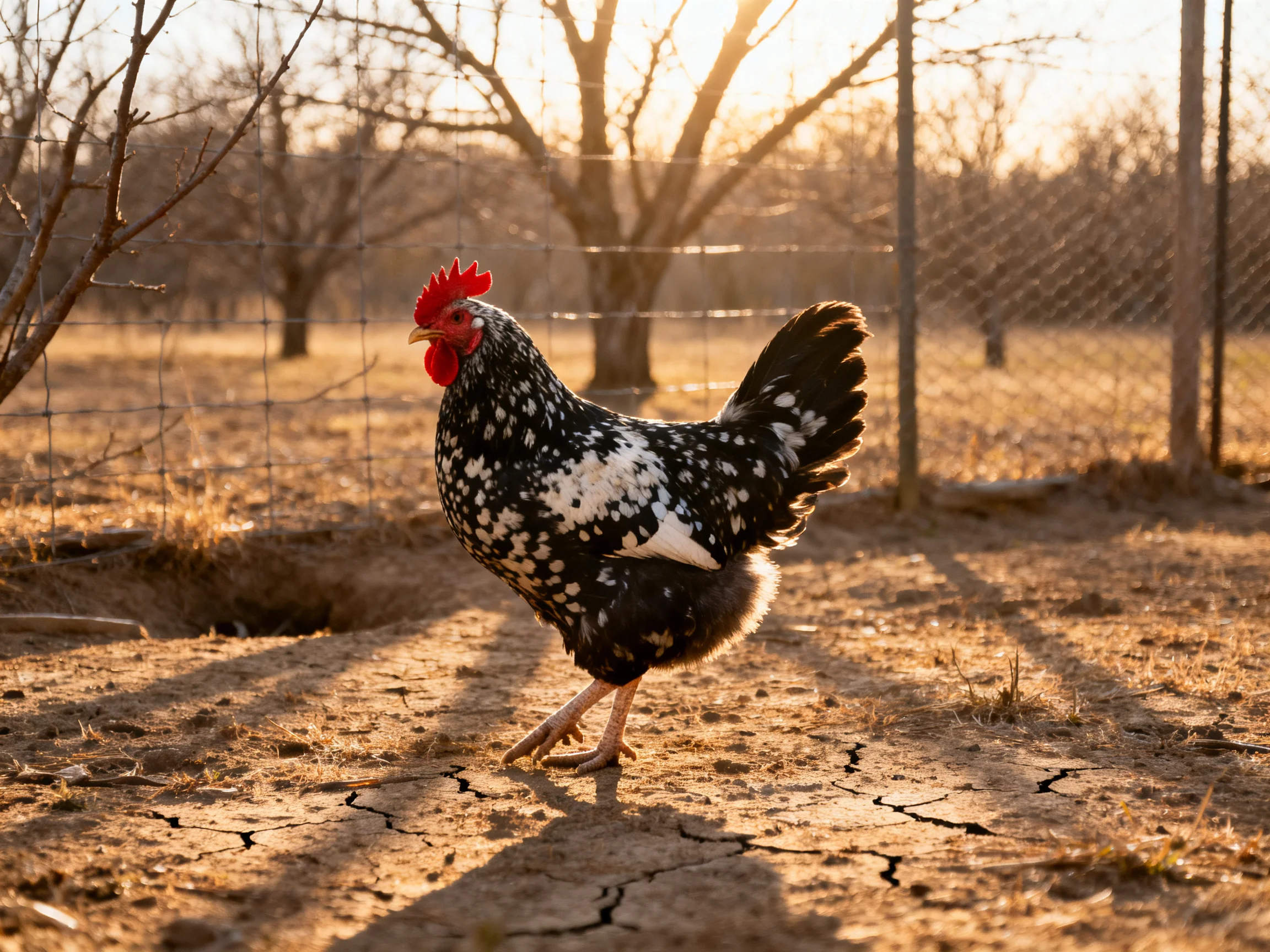 A black-and-white speckled rooster walks near a wire fence in a sunlit field