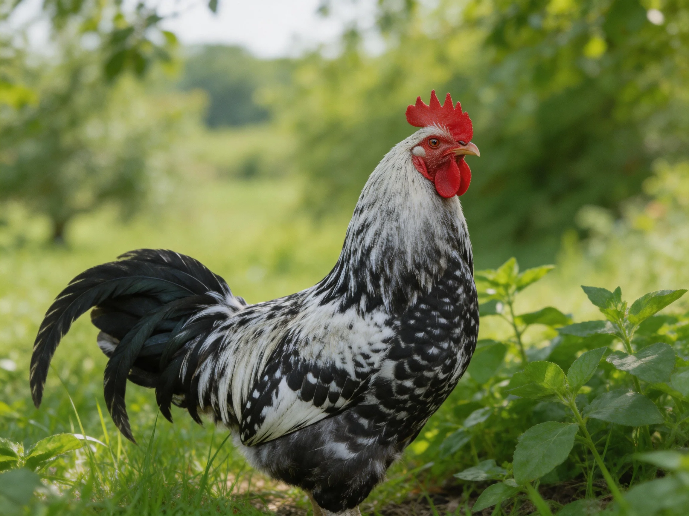 A black-and-white speckled rooster with a bright red comb in a lush green field