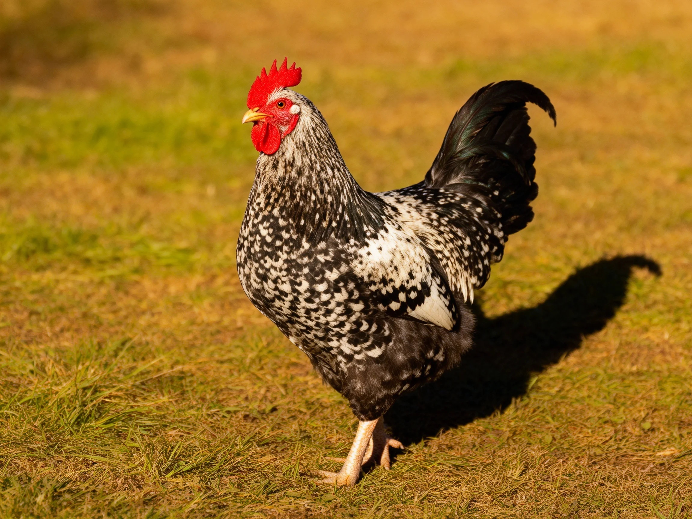 A black and white speckled rooster with a bright red comb on grass
