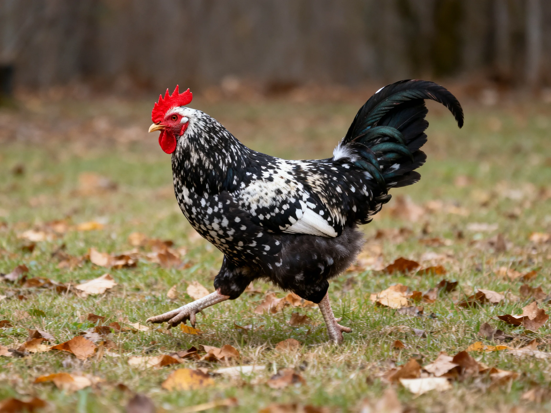 A black and white speckled rooster with a bright red comb walks on leaf-covered grass