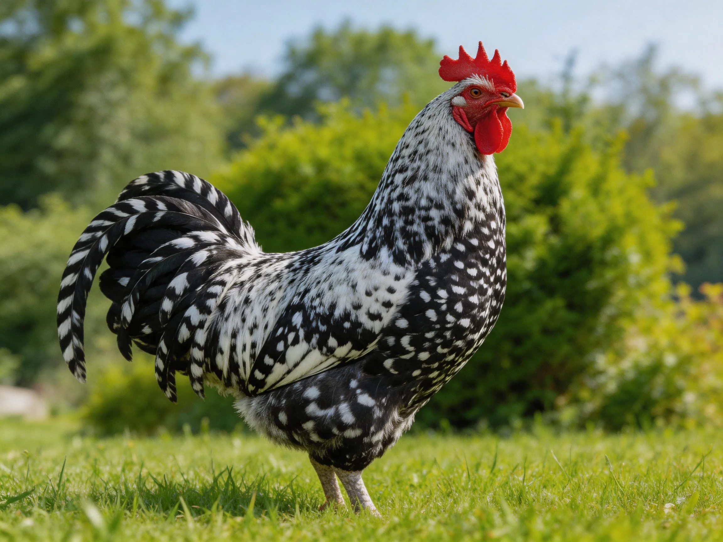 A black-and-white speckled rooster with bright red comb in a lush green field