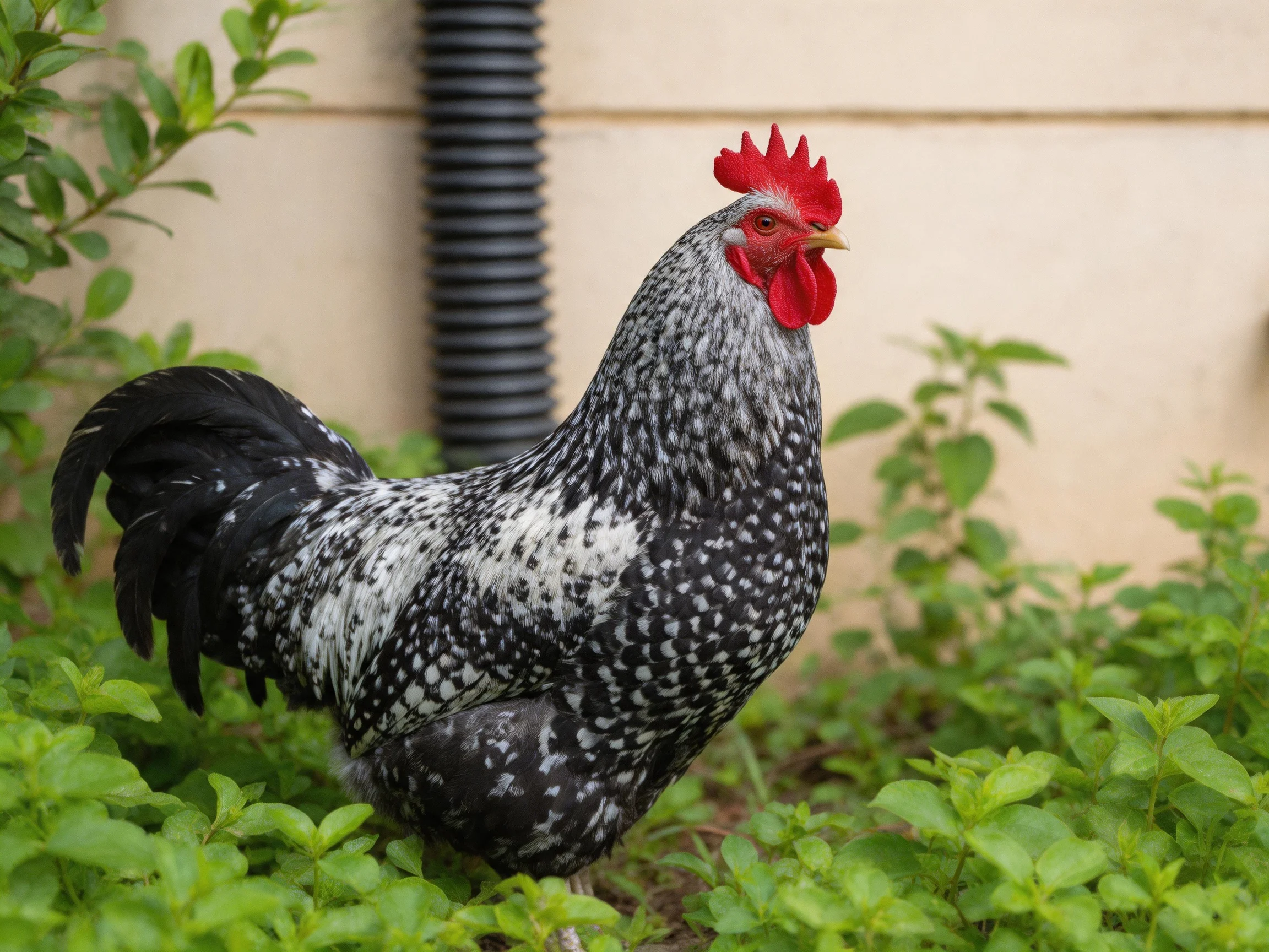 A black and white speckled rooster with red comb amid greenery